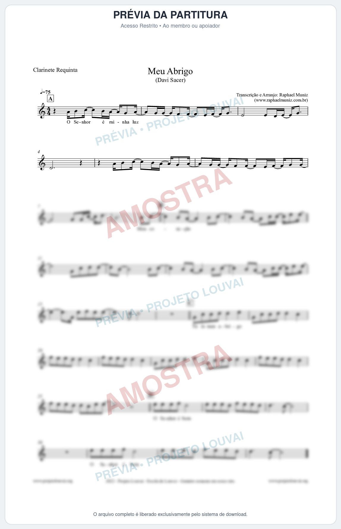 Prévia protegida da primeira página da partitura Partitura para Clarinete Requinta - Meu Abrigo - Davi Sacer