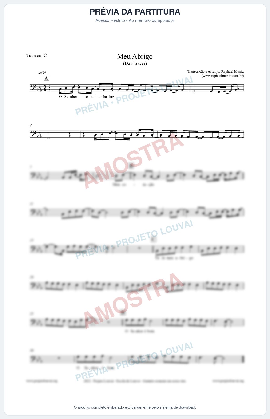 Prévia protegida da primeira página da partitura Partitura para Tuba em C - Meu Abrigo - Davi Sacer