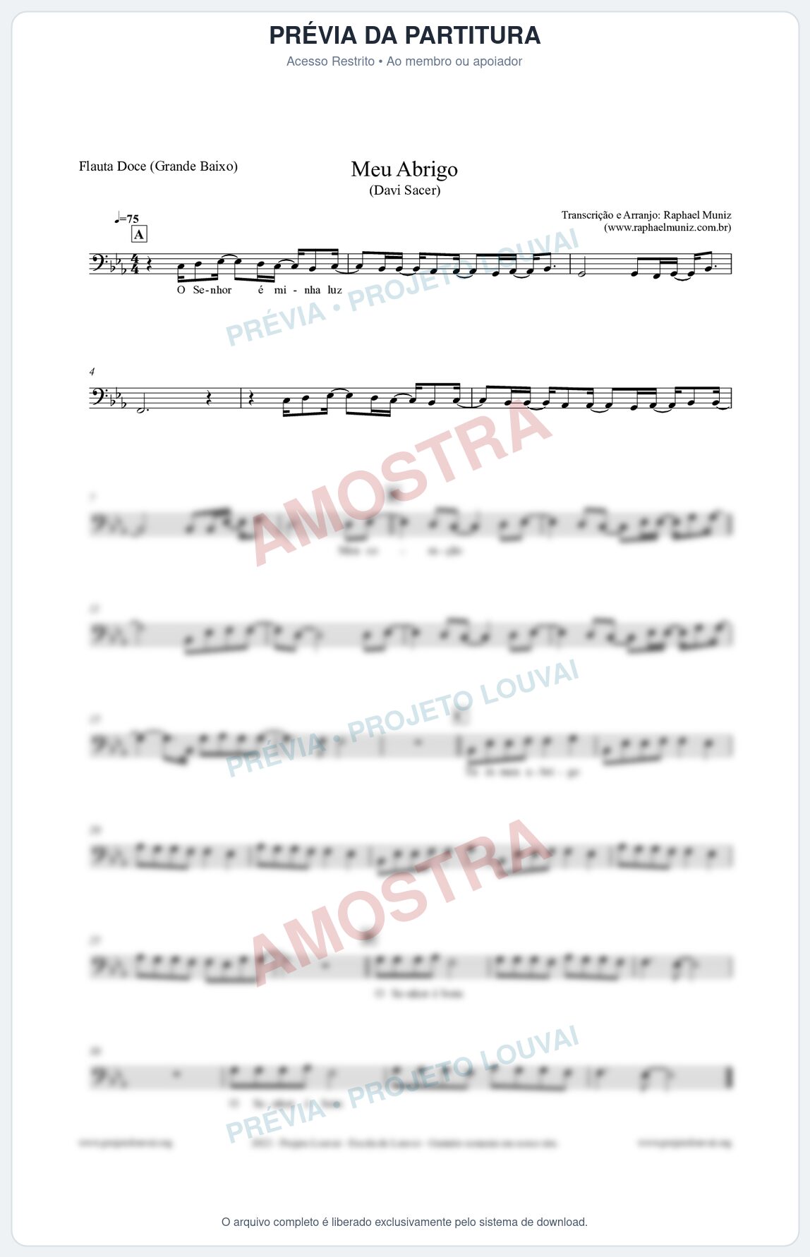 Prévia protegida da primeira página da partitura Partitura para Flauta Doce (Grande Baixo) - Meu Abrigo - Davi Sacer