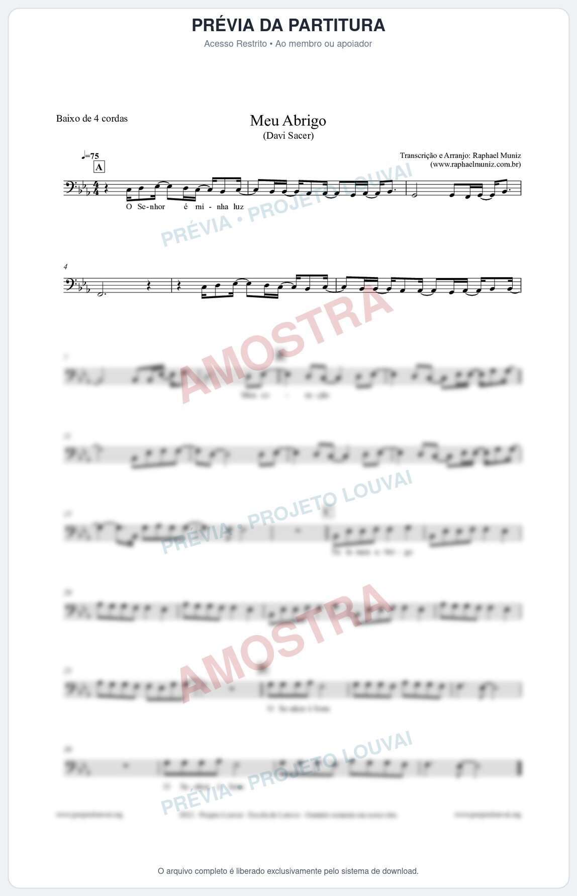 Prévia protegida da primeira página da partitura Partitura para Baixo de 4 cordas - Meu Abrigo - Davi Sacer