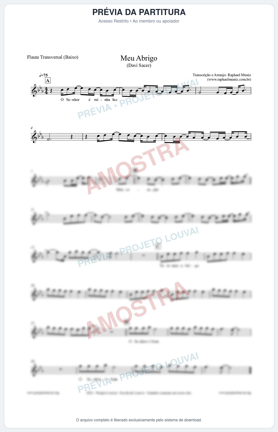 Prévia protegida da primeira página da partitura Partitura para Flauta Transversal (Baixo) - Meu Abrigo - Davi Sacer