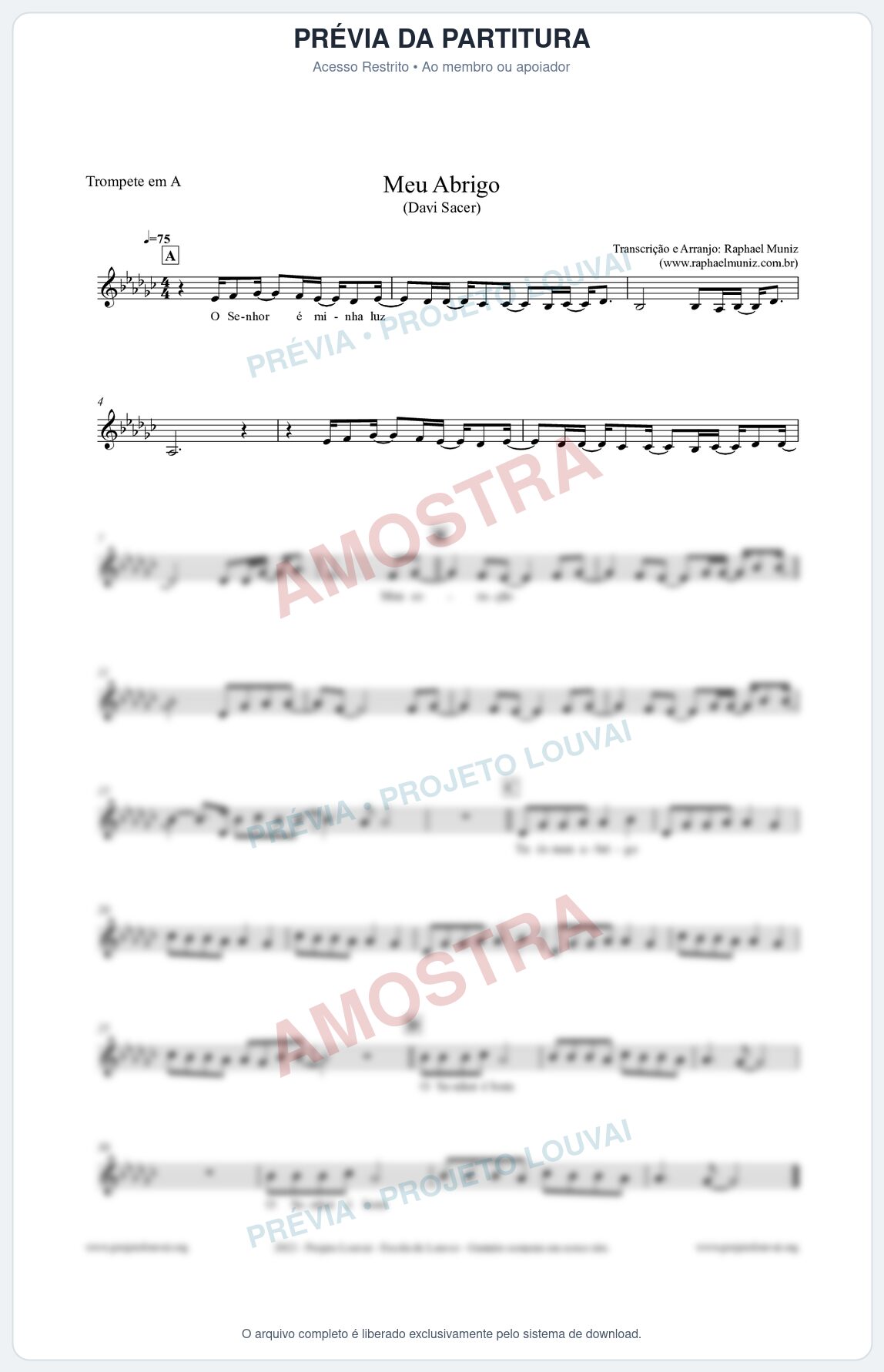 Prévia protegida da primeira página da partitura Partitura para Trompete em A - Meu Abrigo - Davi Sacer