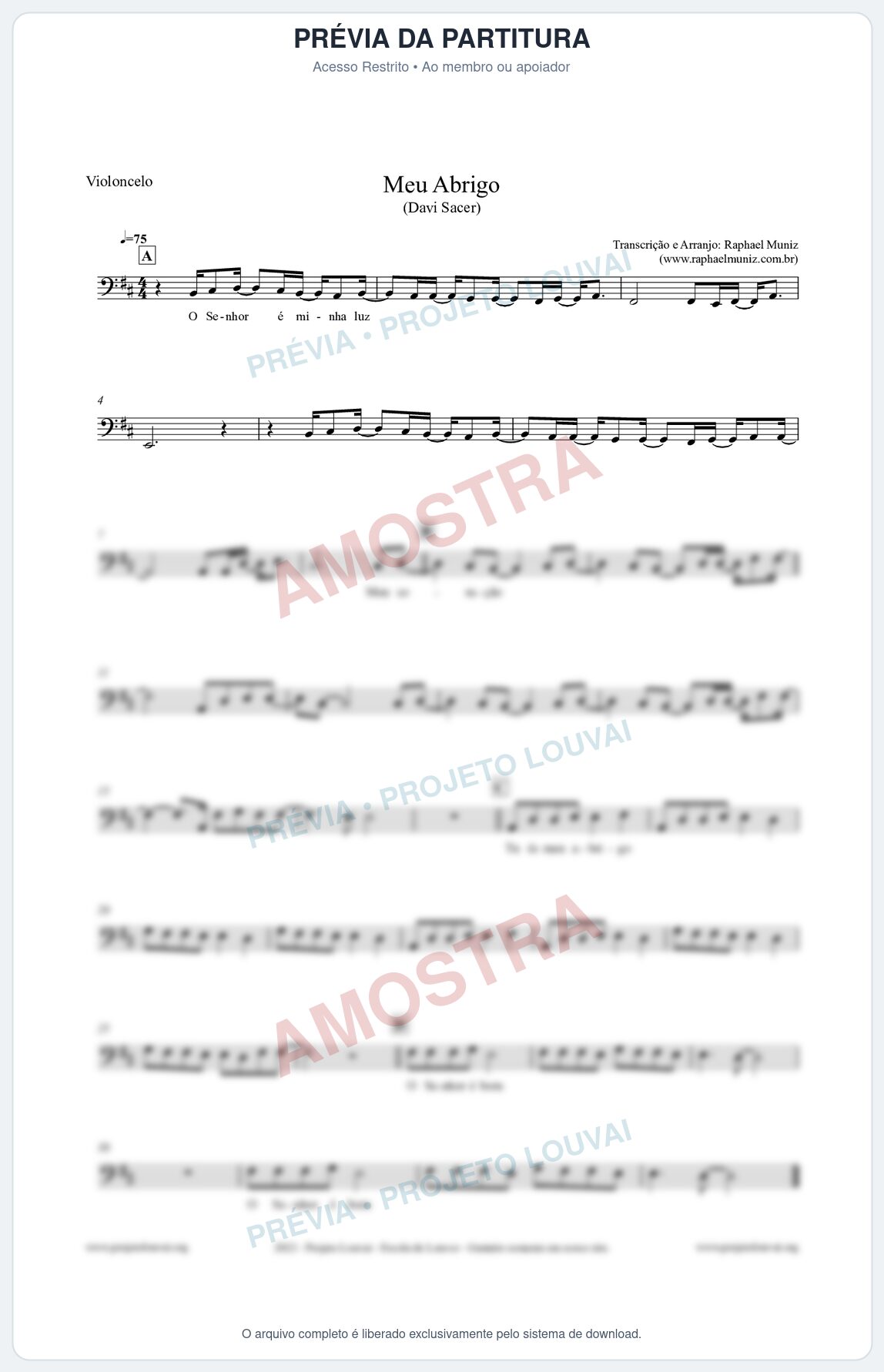 Prévia protegida da primeira página da partitura Partitura para Violoncelo - Meu Abrigo - Davi Sacer
