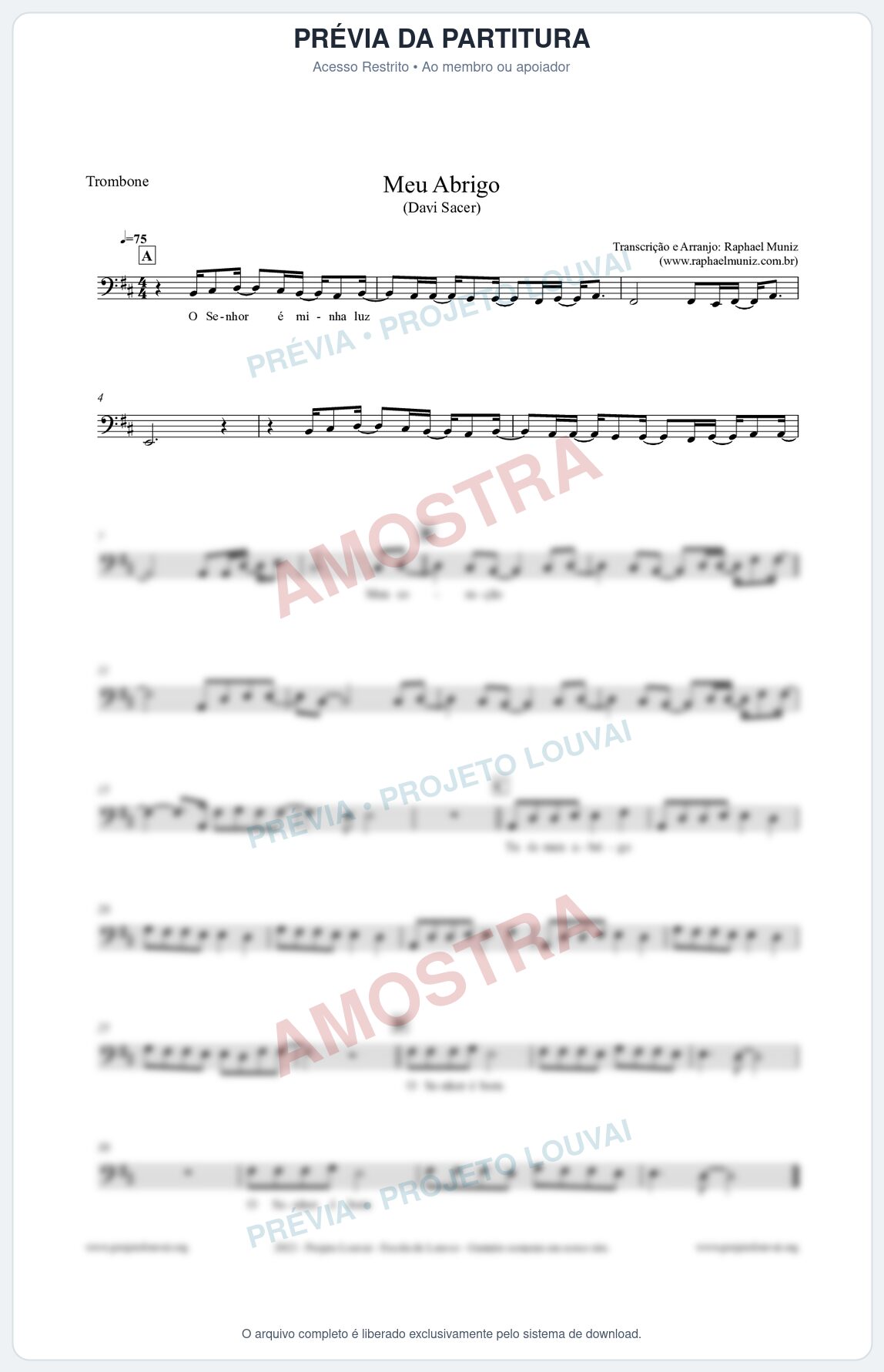 Prévia protegida da primeira página da partitura Partitura para Trombone - Meu Abrigo - Davi Sacer