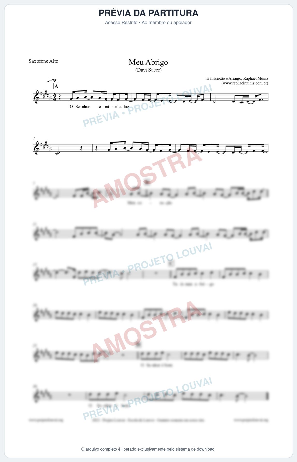 Prévia protegida da primeira página da partitura Partitura para Saxofone Alto - Meu Abrigo - Davi Sacer