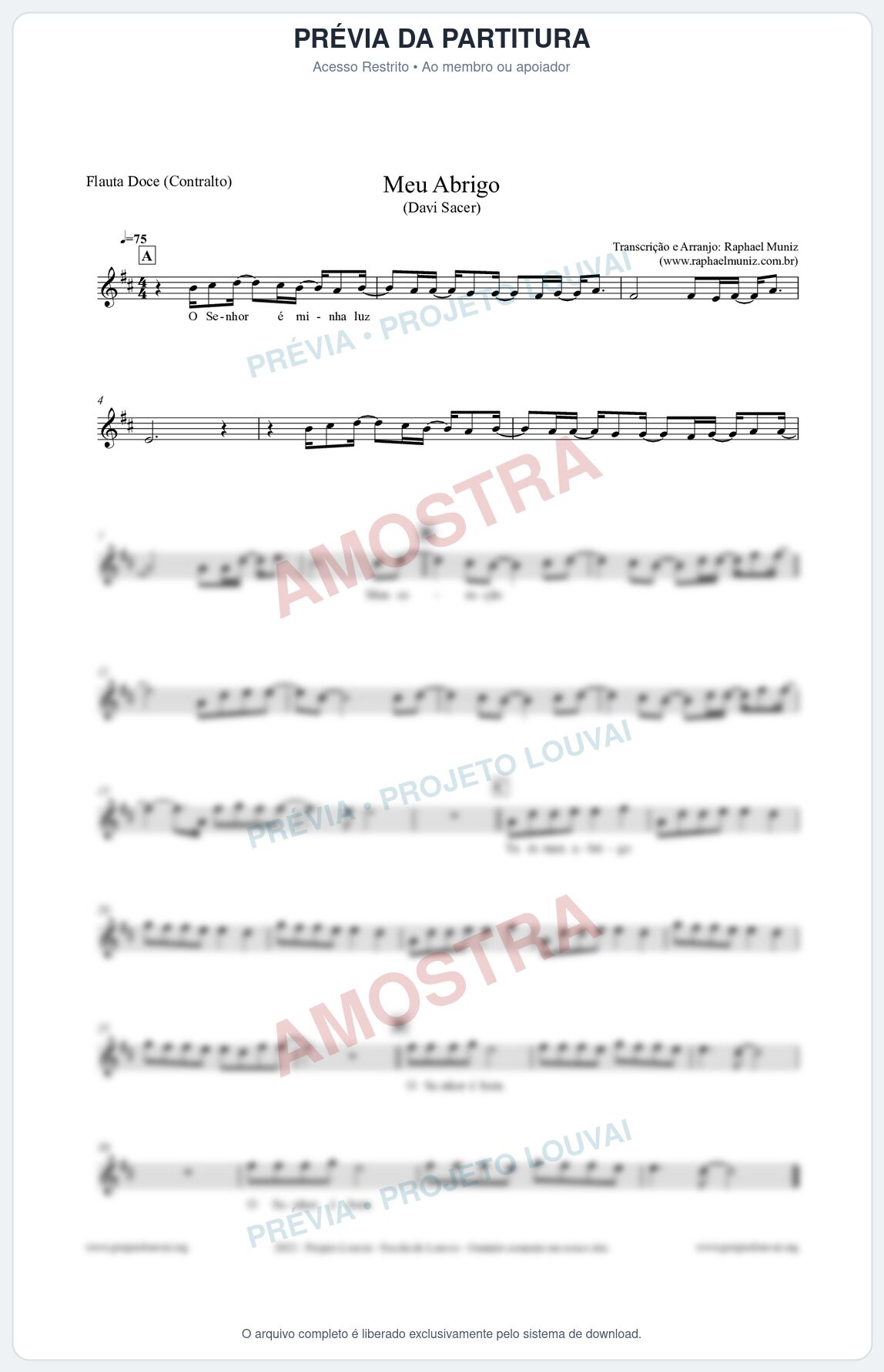 Prévia protegida da primeira página da partitura Partitura para Flauta Doce (Contralto) - Meu Abrigo - Davi Sacer