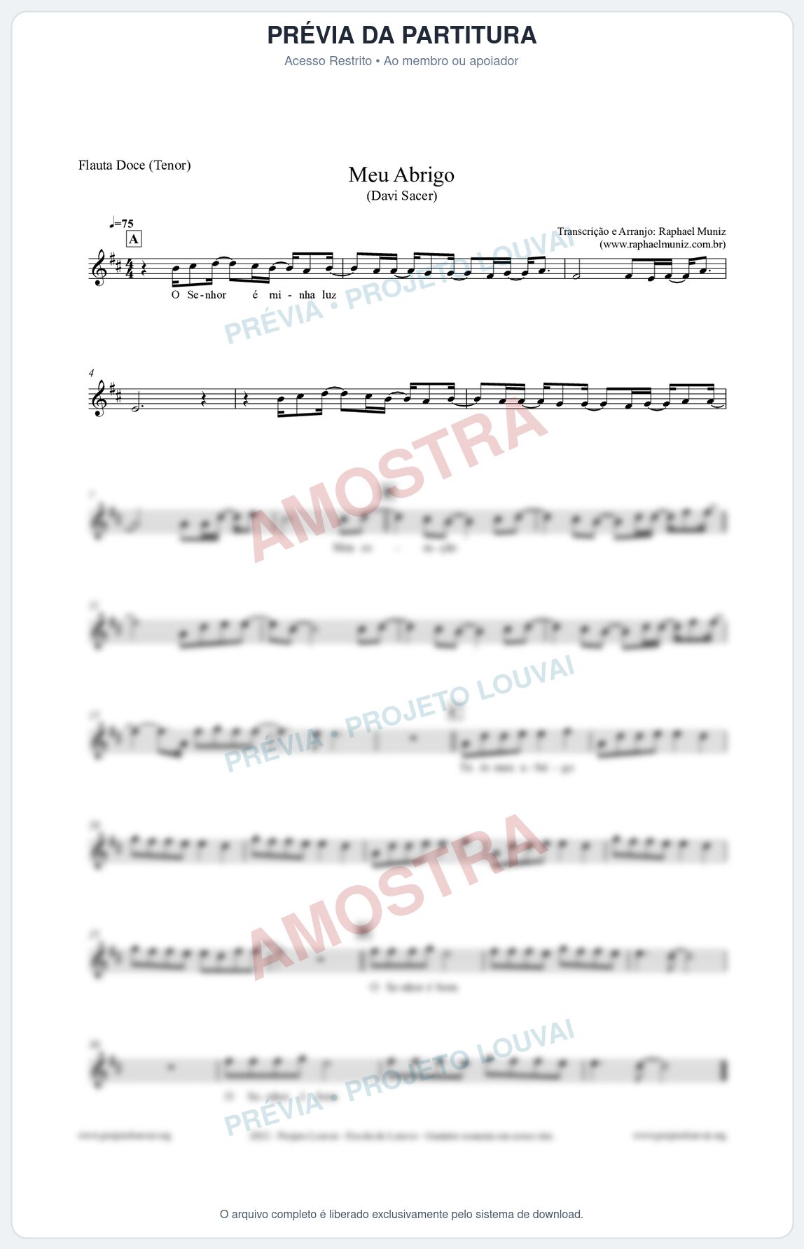 Prévia protegida da primeira página da partitura Partitura para Flauta Doce (Tenor) - Meu Abrigo - Davi Sacer