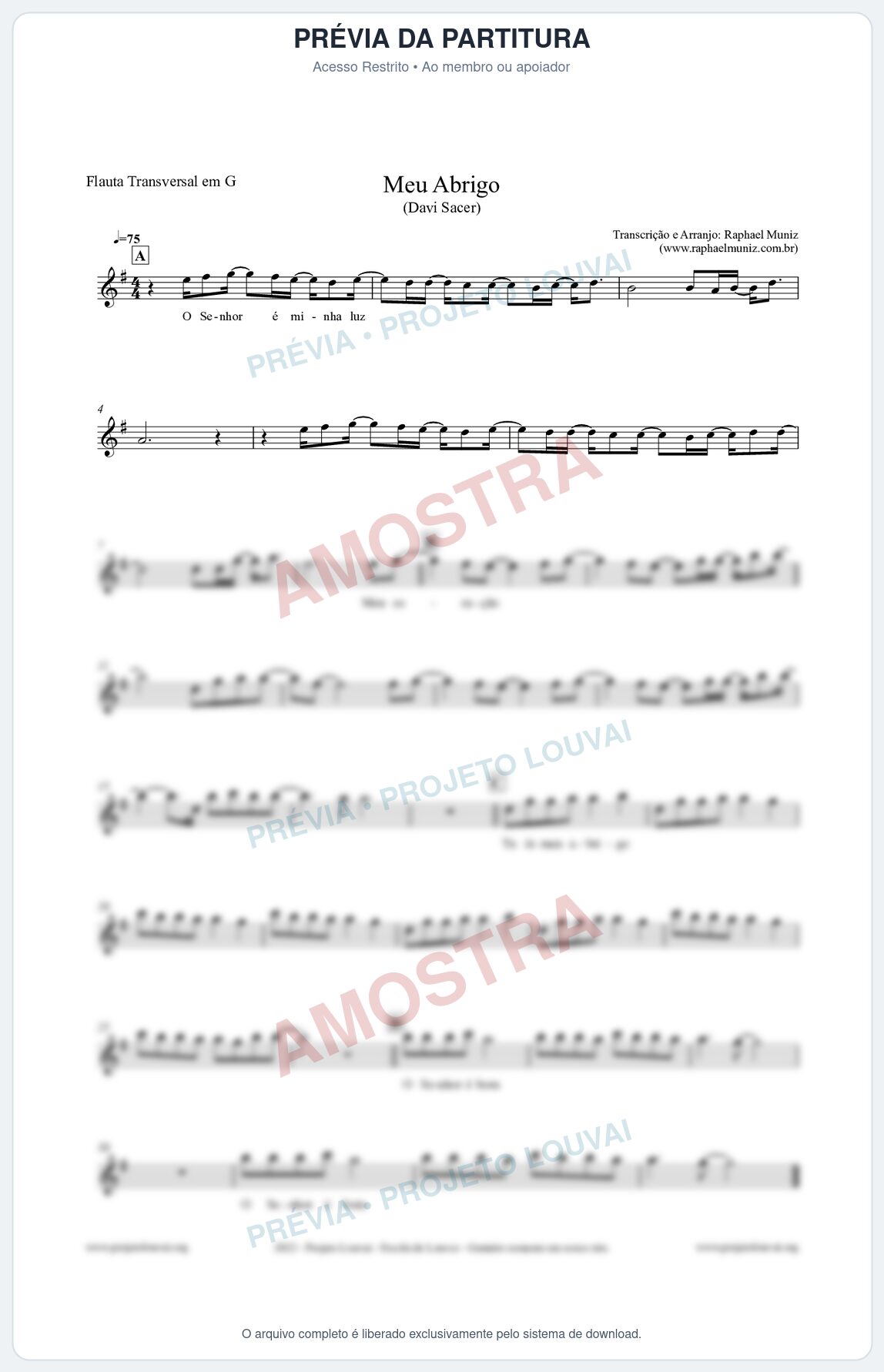 Prévia protegida da primeira página da partitura Partitura para Flauta Transversal em G - Meu Abrigo - Davi Sacer