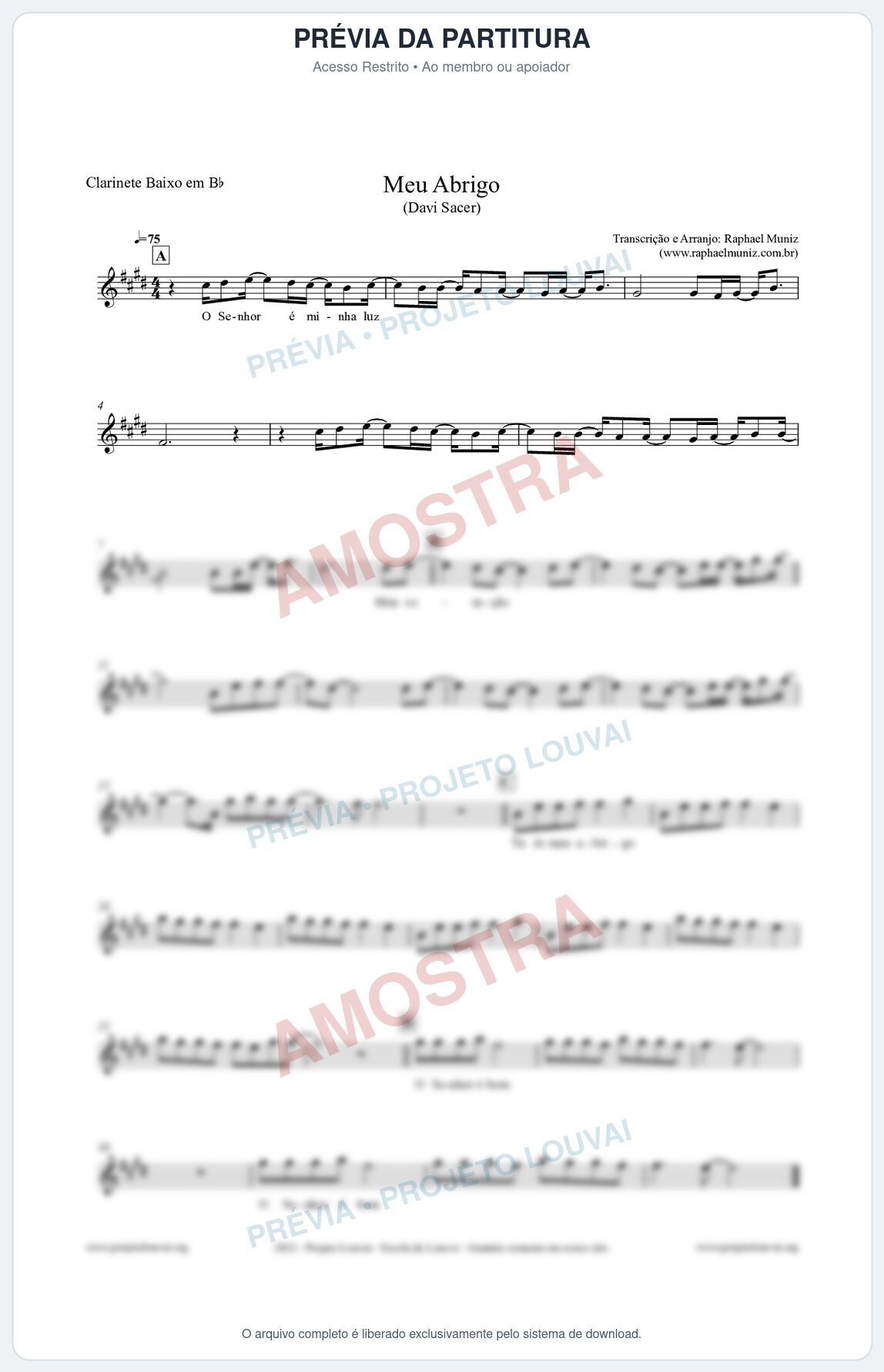 Prévia protegida da primeira página da partitura Partitura para Clarinete Baixo em Bb - Meu Abrigo - Davi Sacer