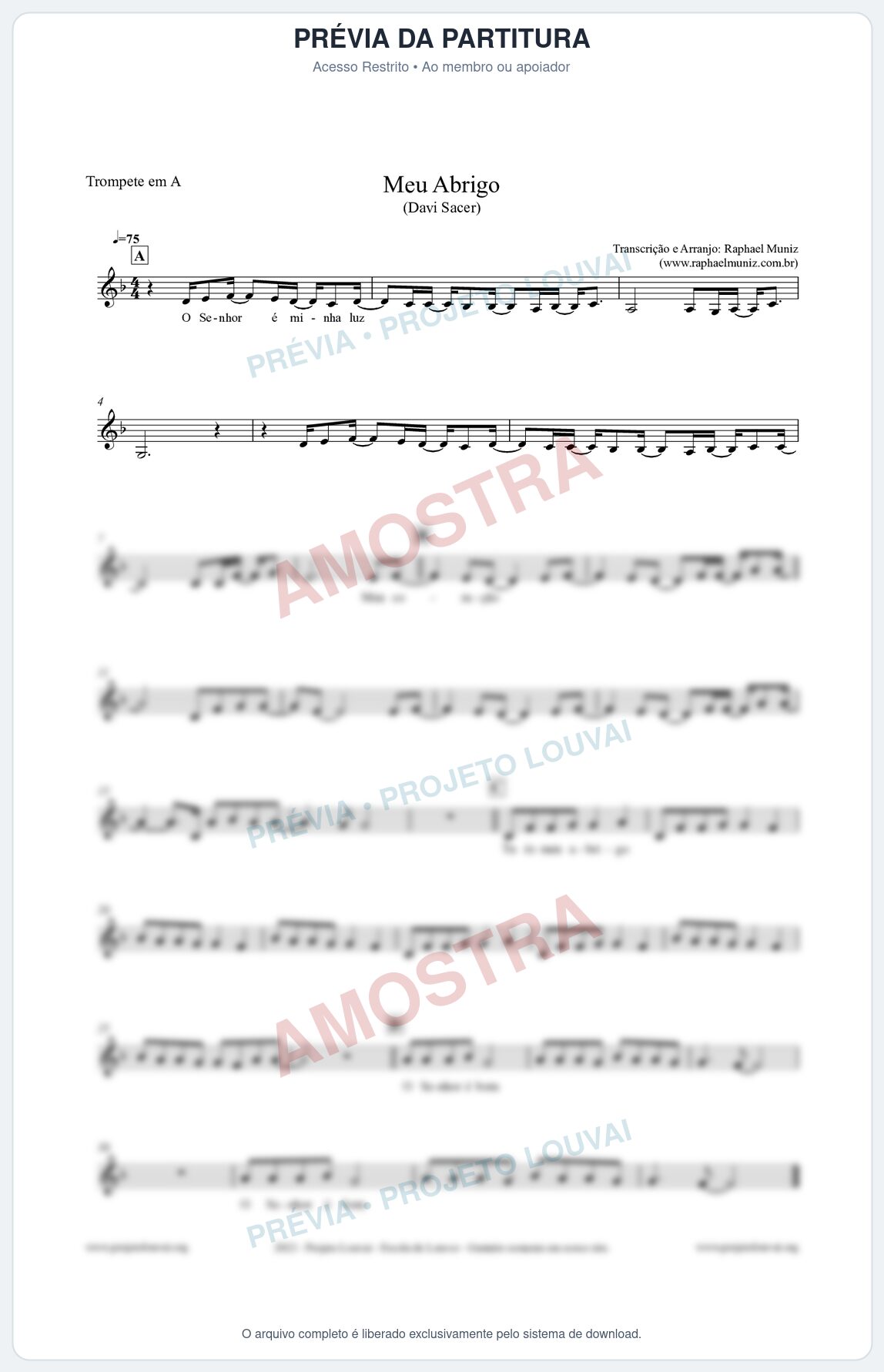 Prévia protegida da primeira página da partitura Partitura para Trompete em A - Meu Abrigo - Davi Sacer