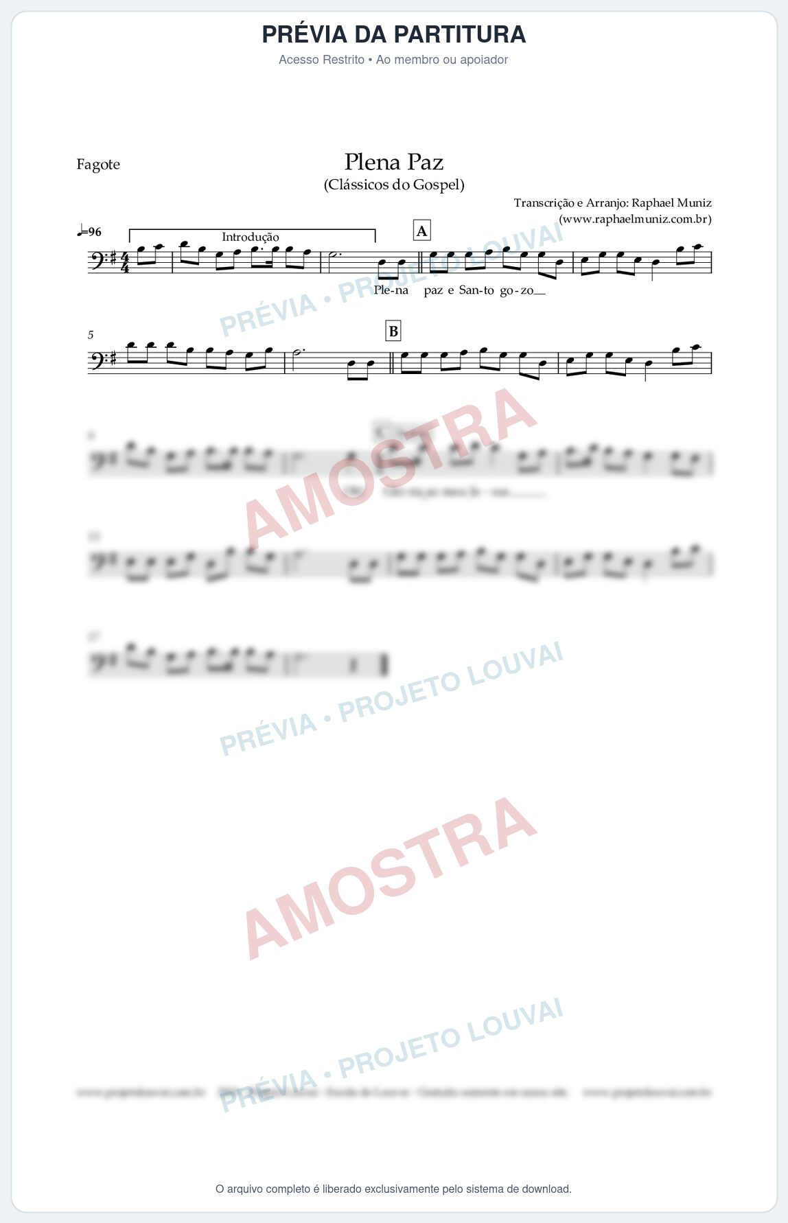 Prévia protegida da primeira página da partitura Partitura para Fagote - Plena Paz - Harpa Cristã nº 3 - Clássicos do Gospel