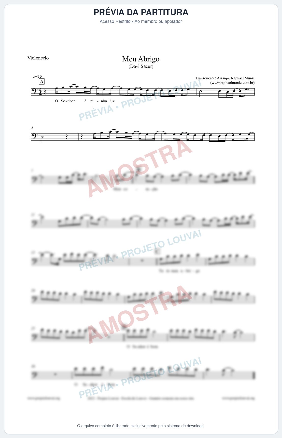 Prévia protegida da primeira página da partitura Partitura para Violoncelo - Meu Abrigo - Davi Sacer