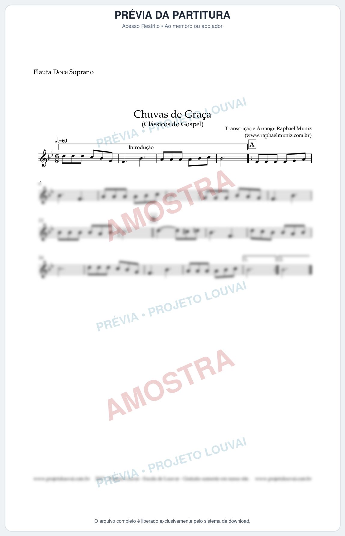 Prévia protegida da primeira página da partitura Partitura para Flauta Doce - Chuvas de Graça - Harpa Cristã nº1 - Clássicos do Gospel