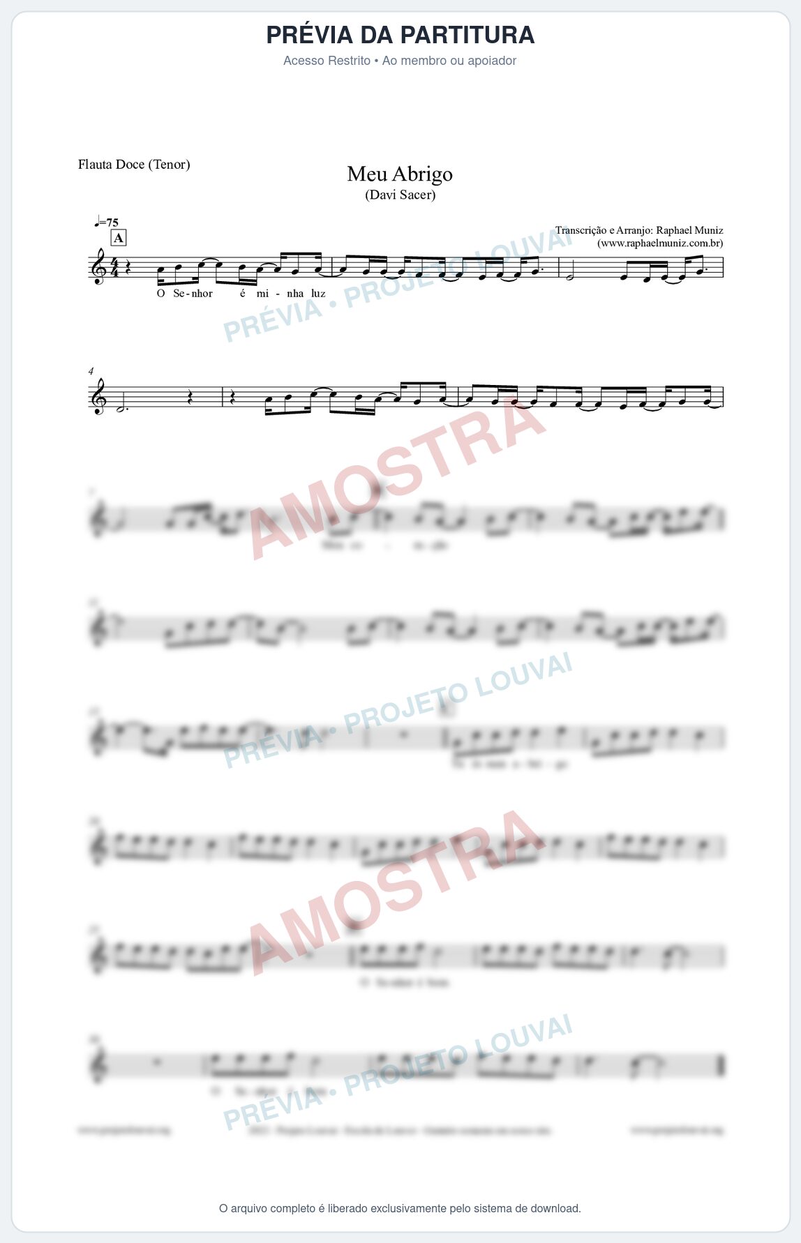 Prévia protegida da primeira página da partitura Partitura para Flauta Doce (Tenor) - Meu Abrigo - Davi Sacer