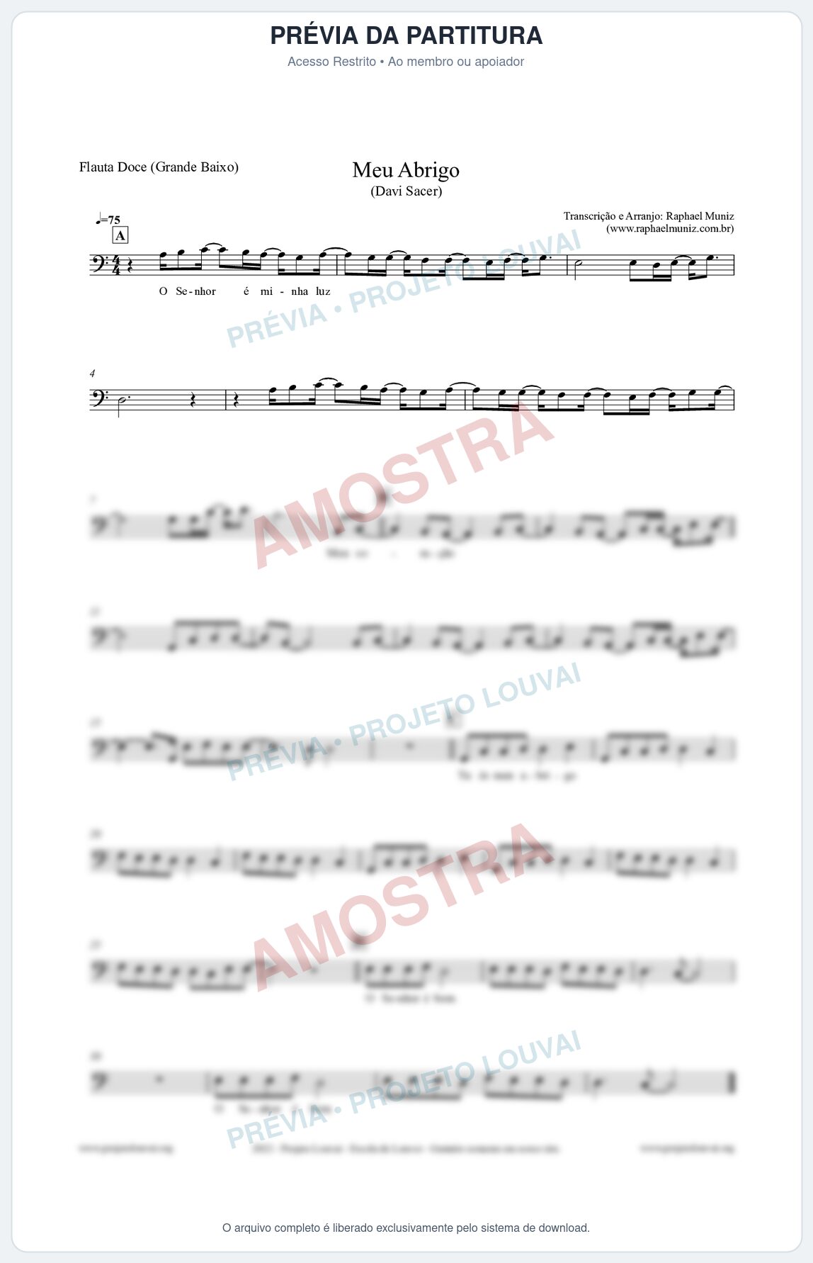 Prévia protegida da primeira página da partitura Partitura para Flauta Doce (Grande Baixo) - Meu Abrigo - Davi Sacer