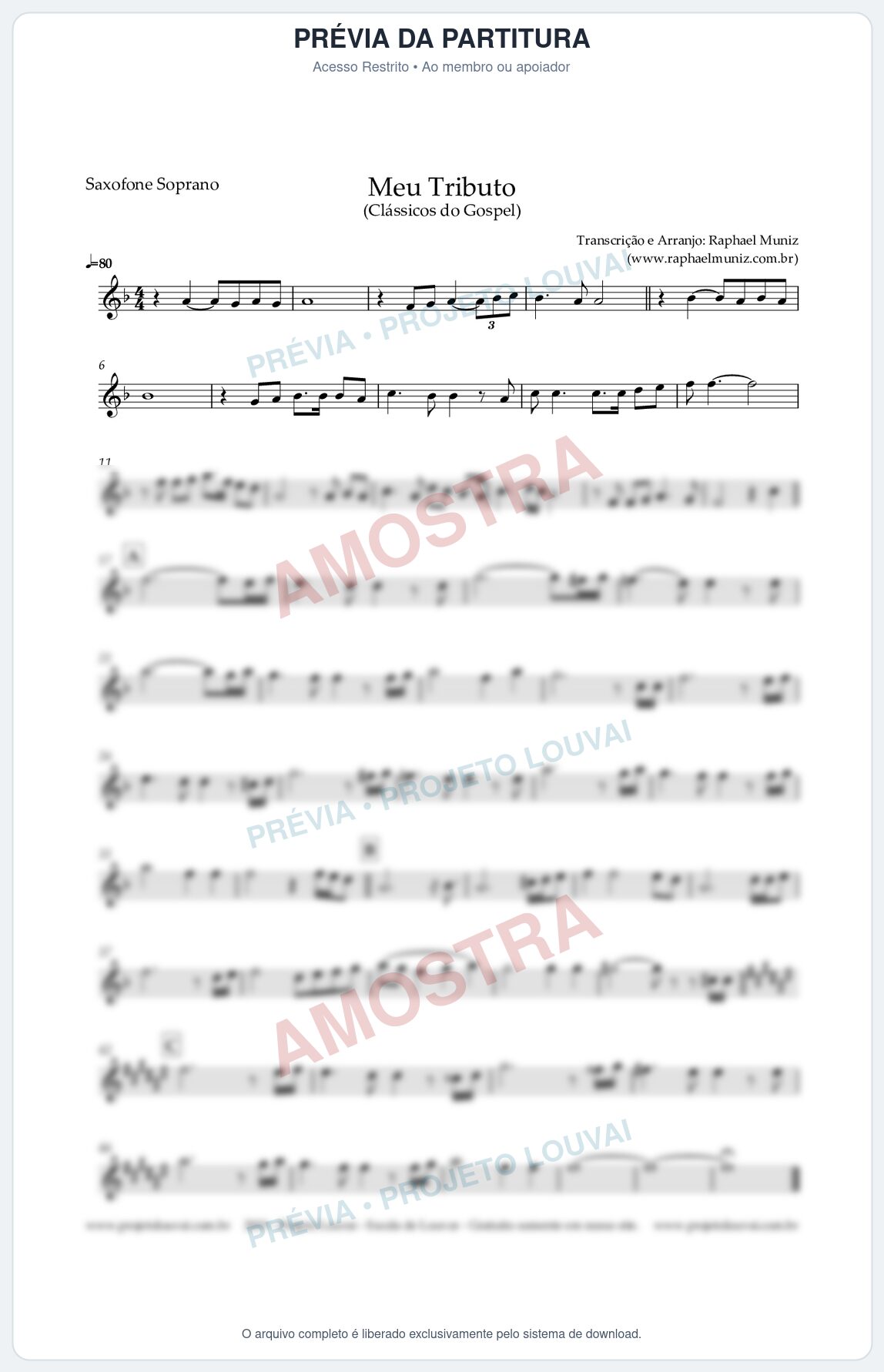 Prévia protegida da primeira página da partitura Partitura para Sax Soprano - Meu Tributo - Clássicos do Gospel
