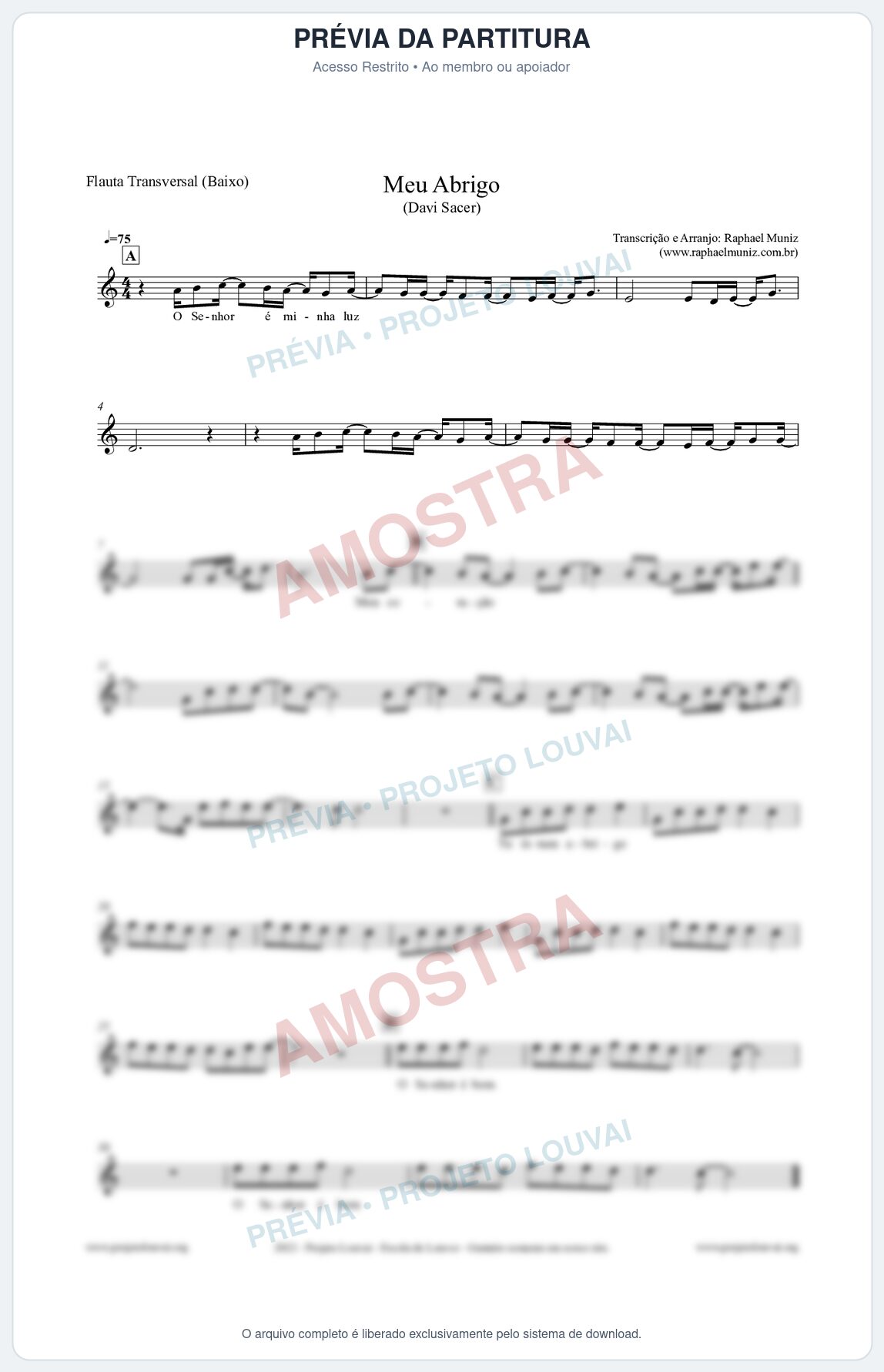 Prévia protegida da primeira página da partitura Partitura para Flauta Transversal (Baixo) - Meu Abrigo - Davi Sacer