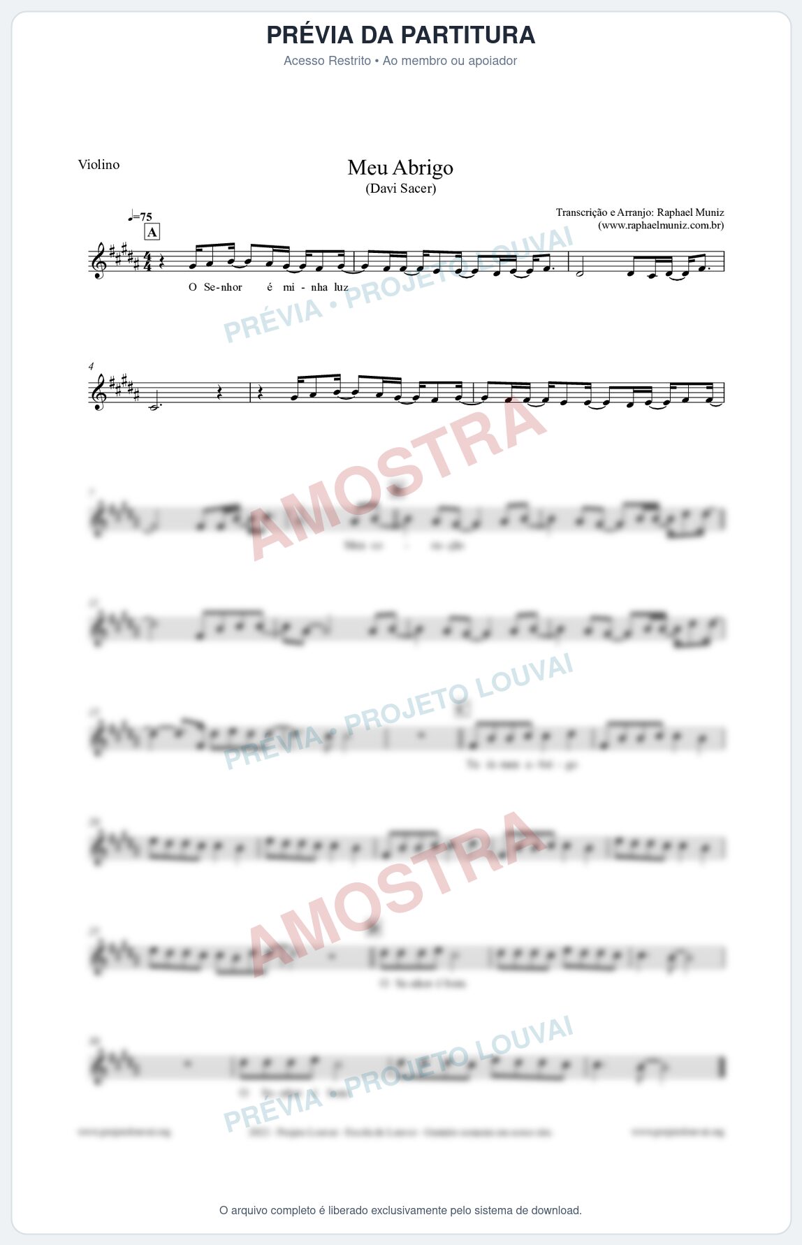 Prévia protegida da primeira página da partitura Partitura para Violino - Meu Abrigo - Davi Sacer