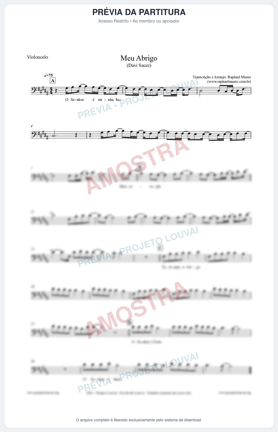 Prévia protegida da primeira página da partitura Partitura para Violoncelo - Meu Abrigo - Davi Sacer