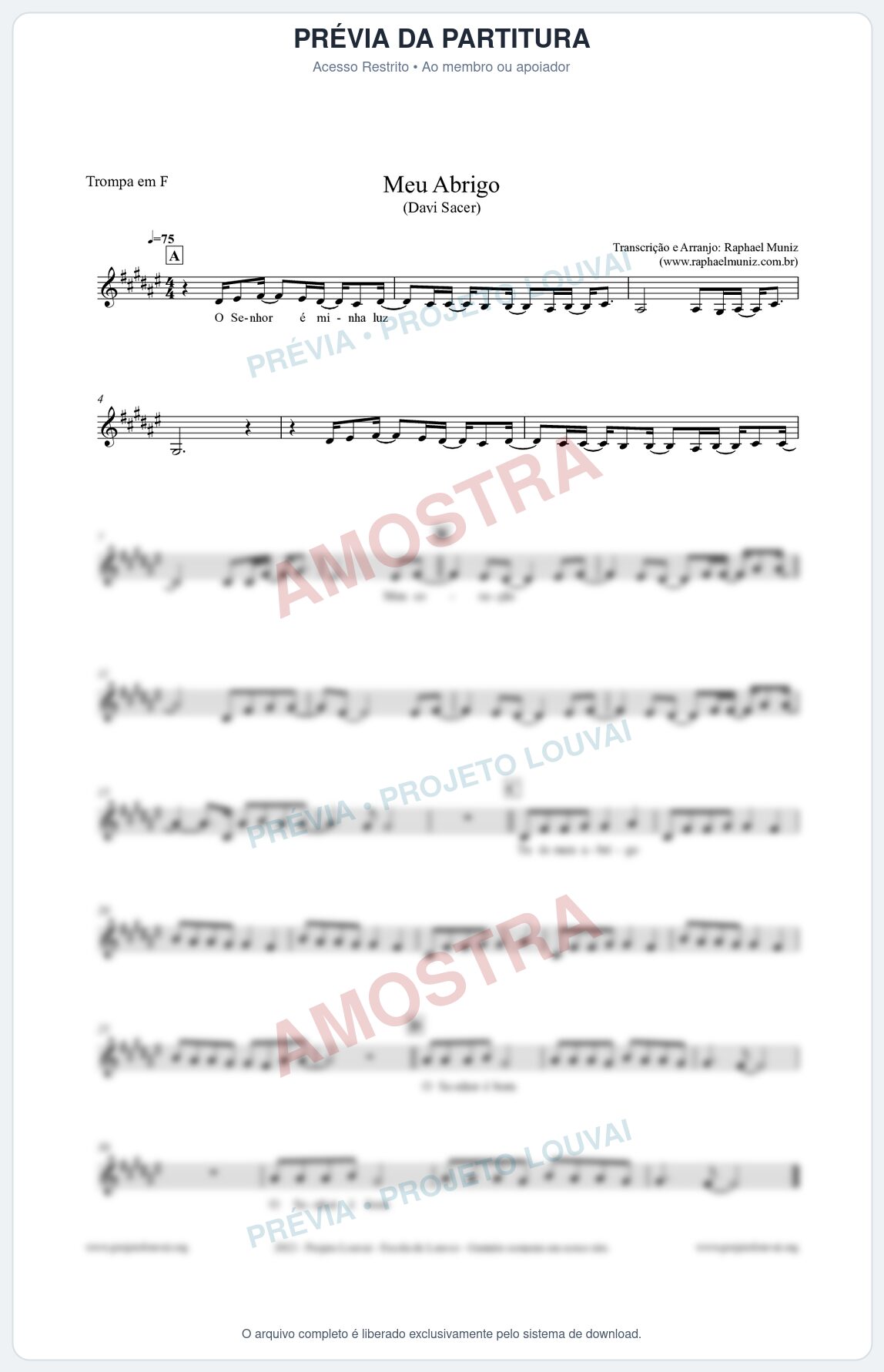 Prévia protegida da primeira página da partitura Partitura para Trompa em F - Meu Abrigo - Davi Sacer