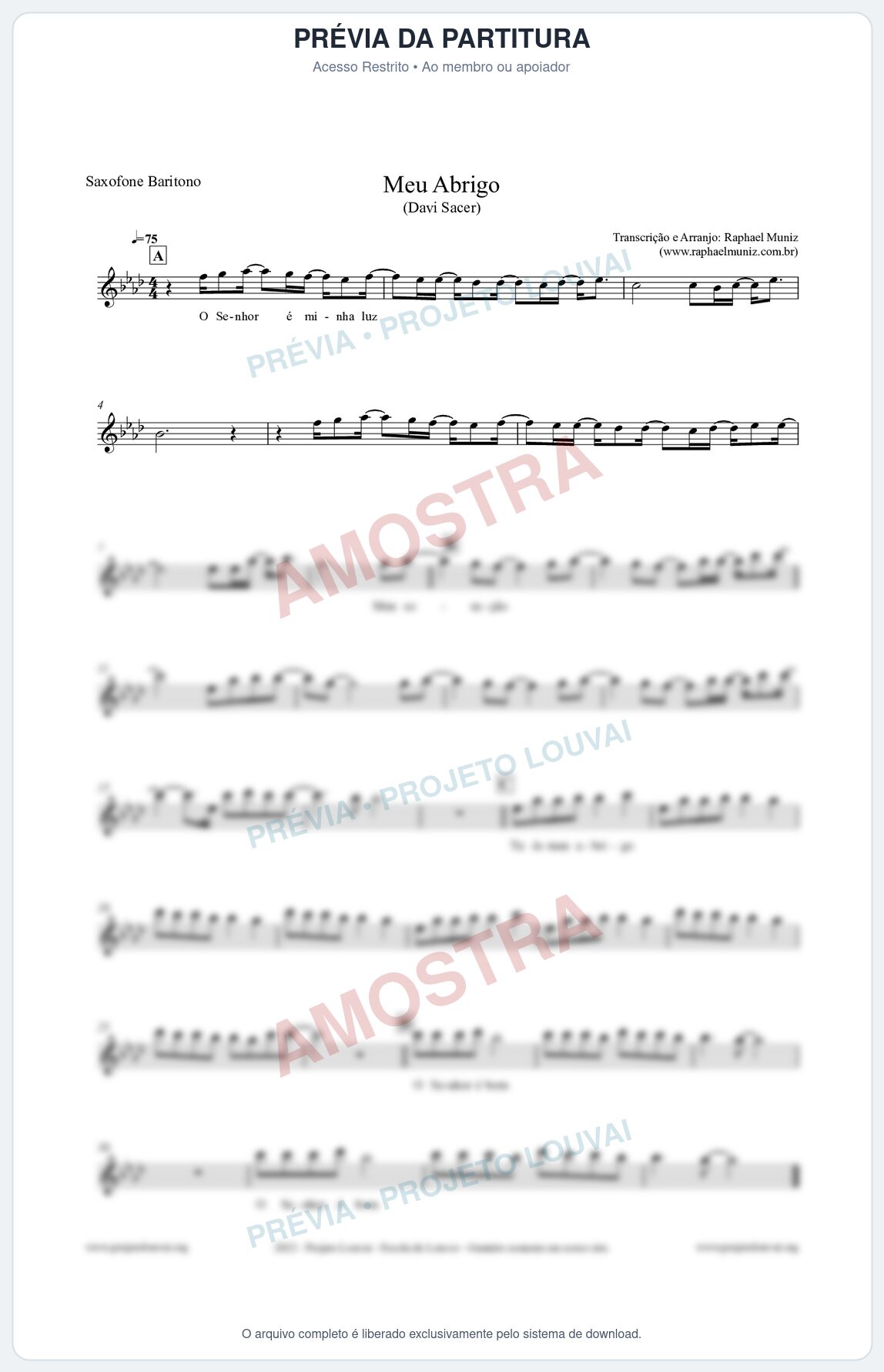 Prévia protegida da primeira página da partitura Partitura para Saxofone Barítono - Meu Abrigo - Davi Sacer