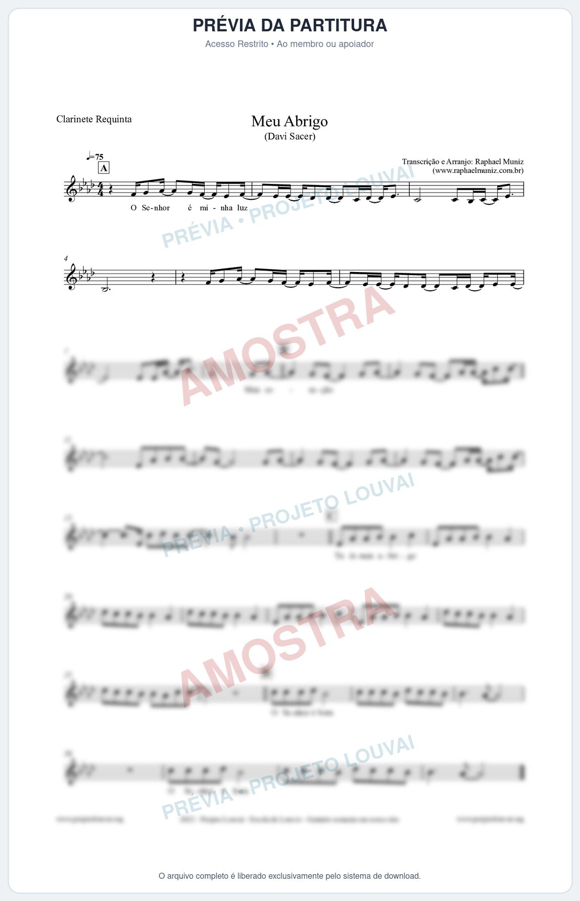 Prévia protegida da primeira página da partitura Partitura para Clarinete Requinta - Meu Abrigo - Davi Sacer