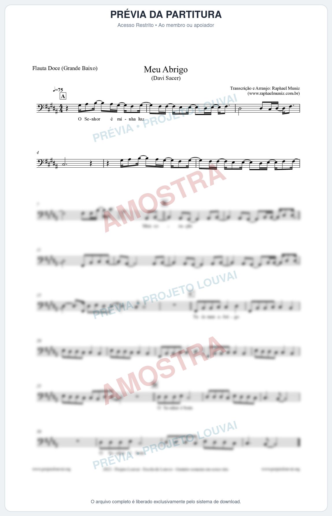 Prévia protegida da primeira página da partitura Partitura para Flauta Doce (Grande Baixo) - Meu Abrigo - Davi Sacer