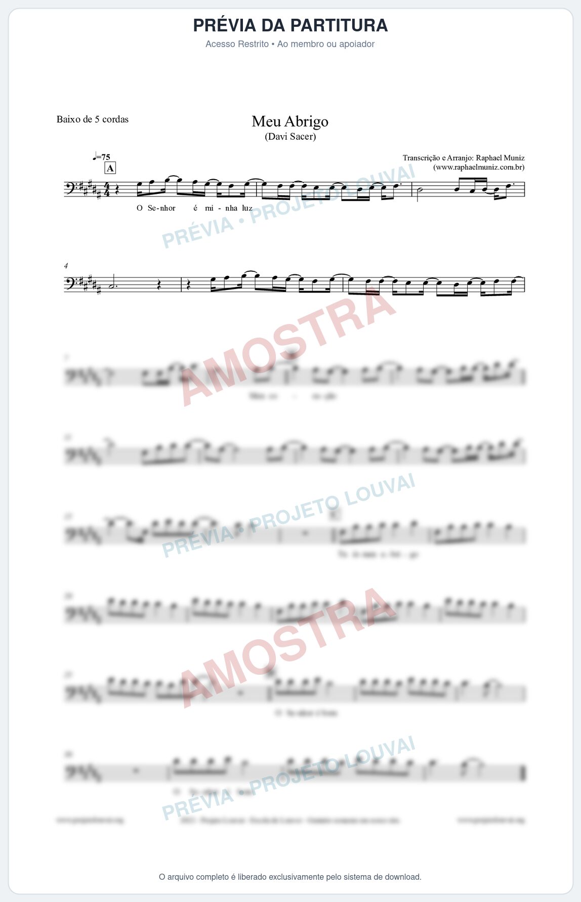 Prévia protegida da primeira página da partitura Partitura para Baixo de 5 cordas - Meu Abrigo - Davi Sacer