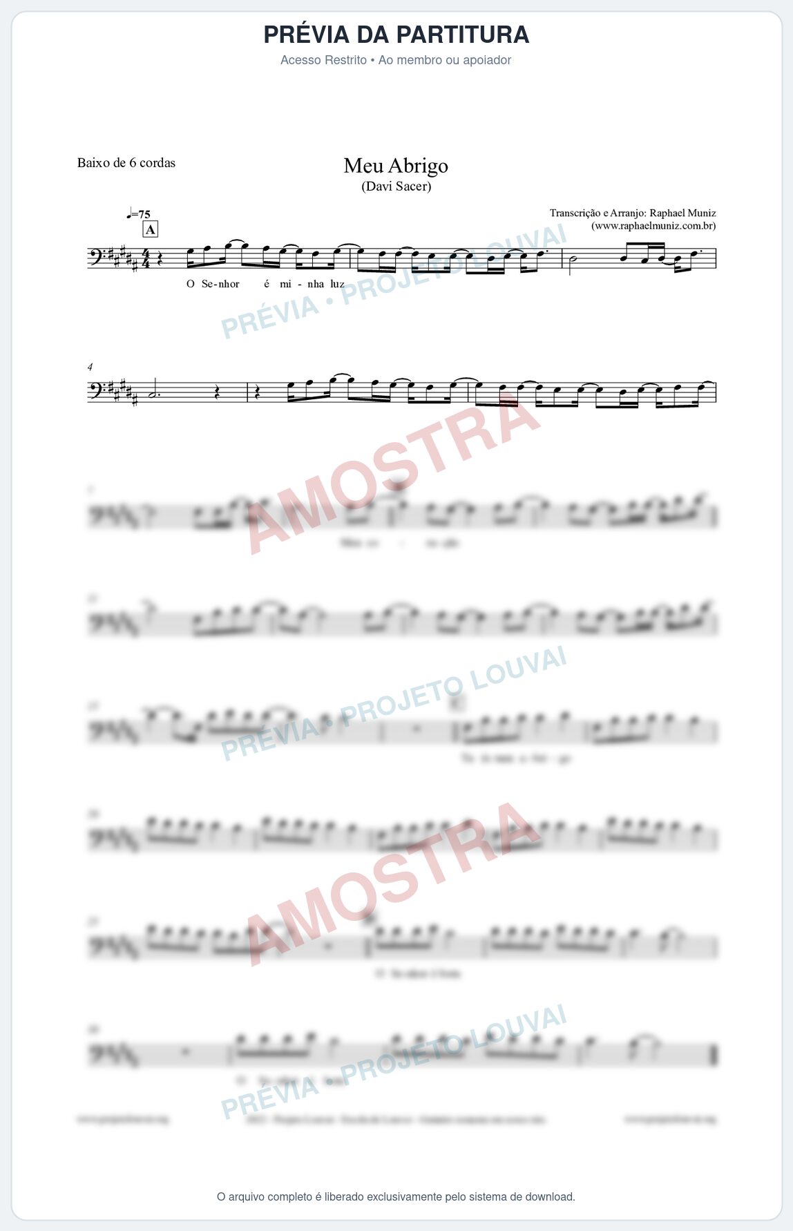 Prévia protegida da primeira página da partitura Partitura para Baixo de 6 cordas - Meu Abrigo - Davi Sacer