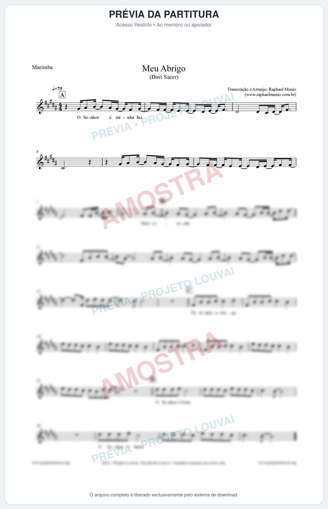 Prévia protegida da primeira página da partitura Partitura para Marimba - Meu Abrigo - Davi Sacer
