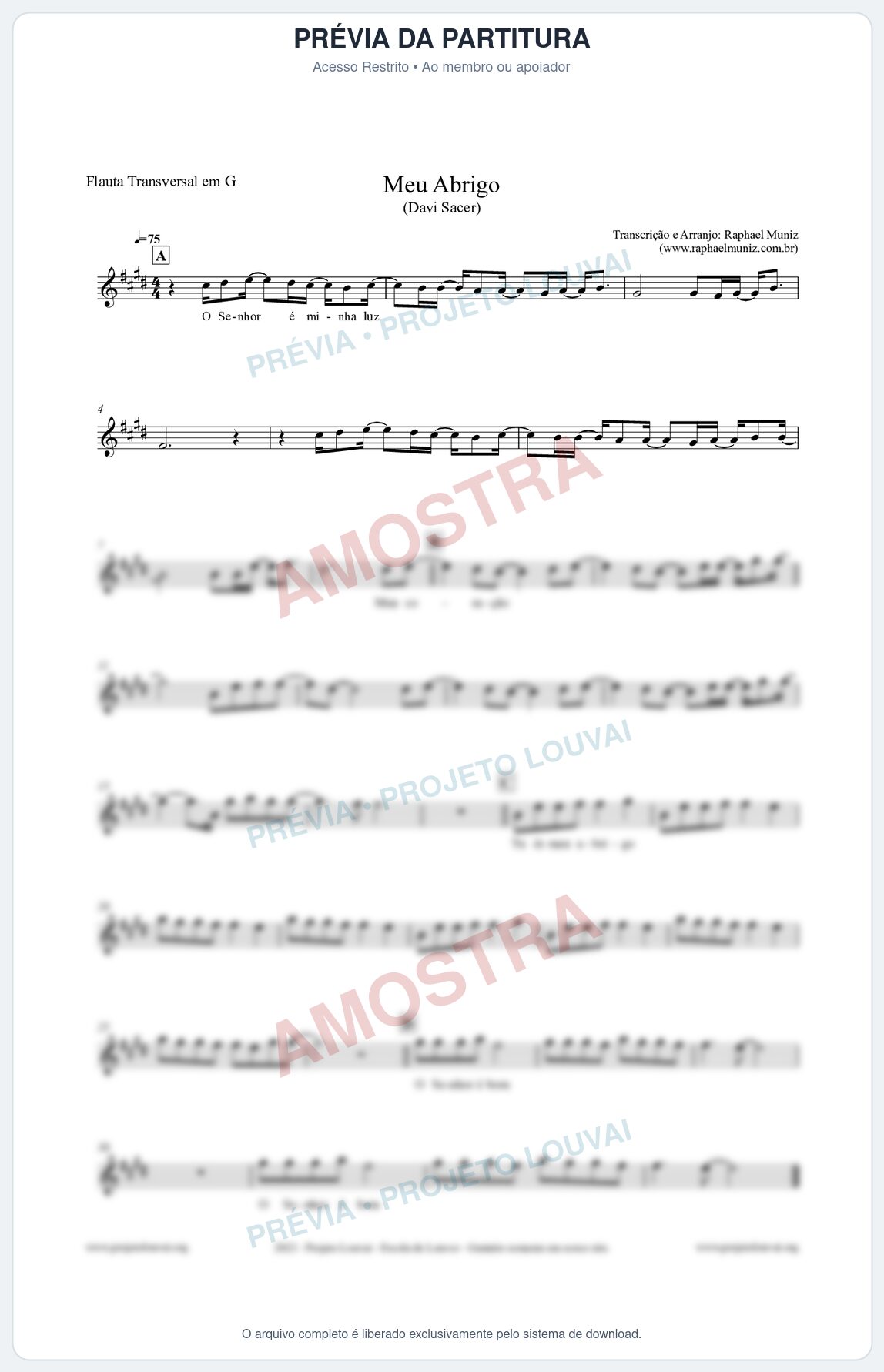 Prévia protegida da primeira página da partitura Partitura para Flauta Transversal em G - Meu Abrigo - Davi Sacer