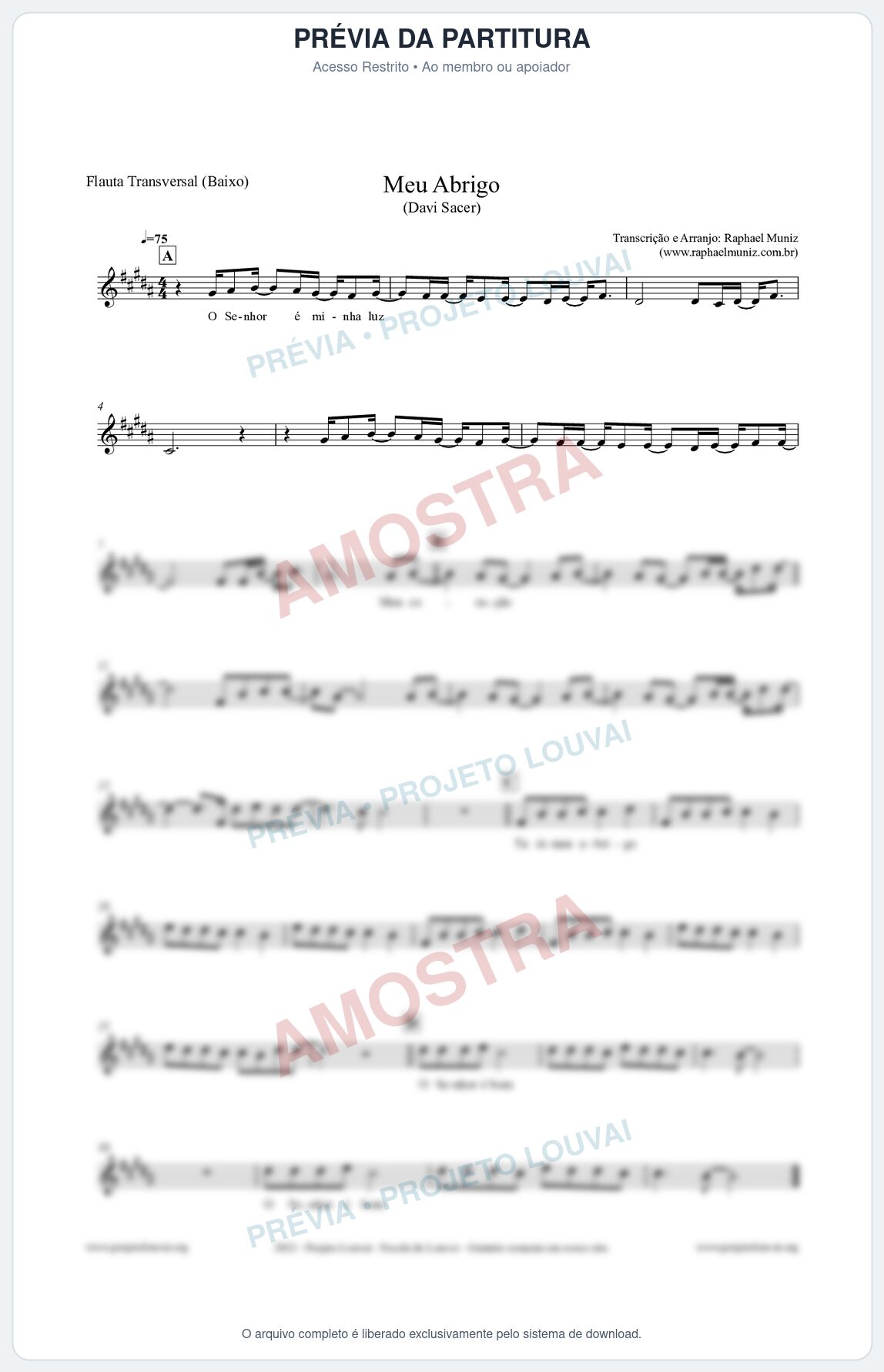 Prévia protegida da primeira página da partitura Partitura para Flauta Transversal (Baixo) - Meu Abrigo - Davi Sacer