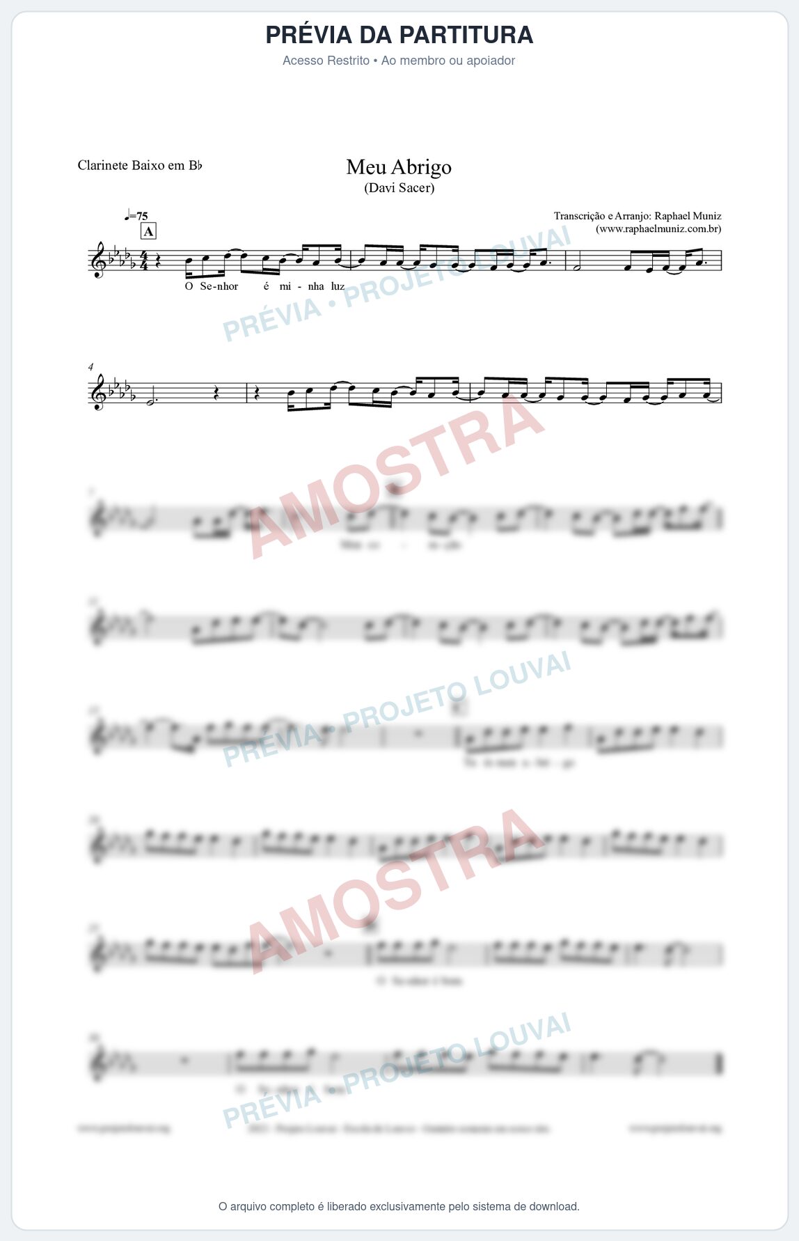 Prévia protegida da primeira página da partitura Partitura para Clarinete Baixo em Bb - Meu Abrigo - Davi Sacer