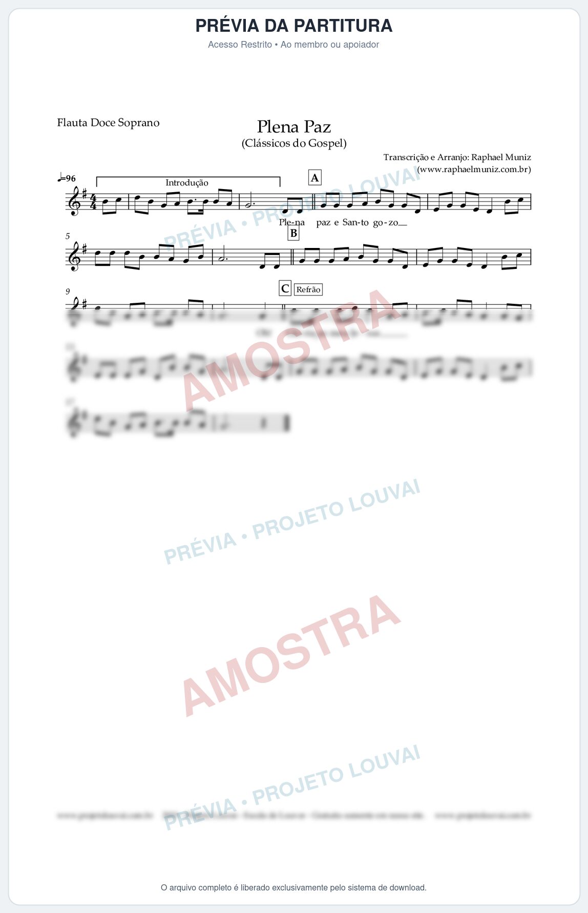 Prévia protegida da primeira página da partitura Partitura para Flauta Doce - Plena Paz - Harpa Cristã nº 3 - Clássicos do Gospel