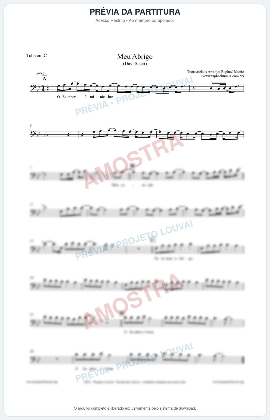 Prévia protegida da primeira página da partitura Partitura para Tuba em C - Meu Abrigo - Davi Sacer
