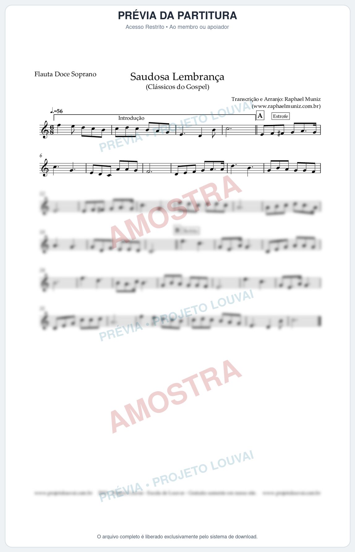 Prévia protegida da primeira página da partitura Partitura para Flauta Doce - Saudosa Lembrança - Harpa Cristã nº 2 - Clássicos do Gospel