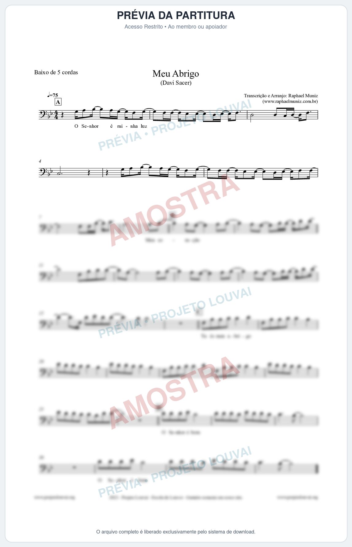 Prévia protegida da primeira página da partitura Partitura para Baixo de 5 cordas - Meu Abrigo - Davi Sacer
