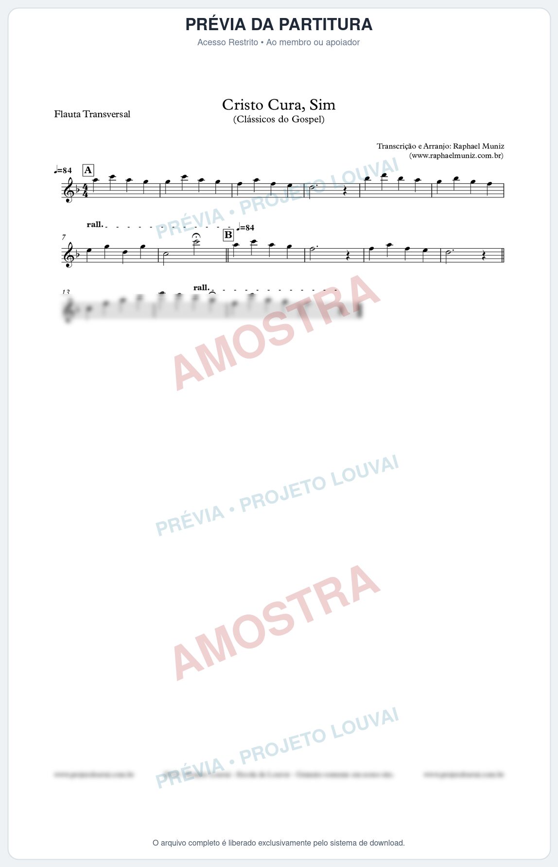 Prévia protegida da primeira página da partitura Partitura para Flauta Transversal - Cristo Cura, Sim (Versão 2) - Harpa Cristã nº7 - Clássicos do Go