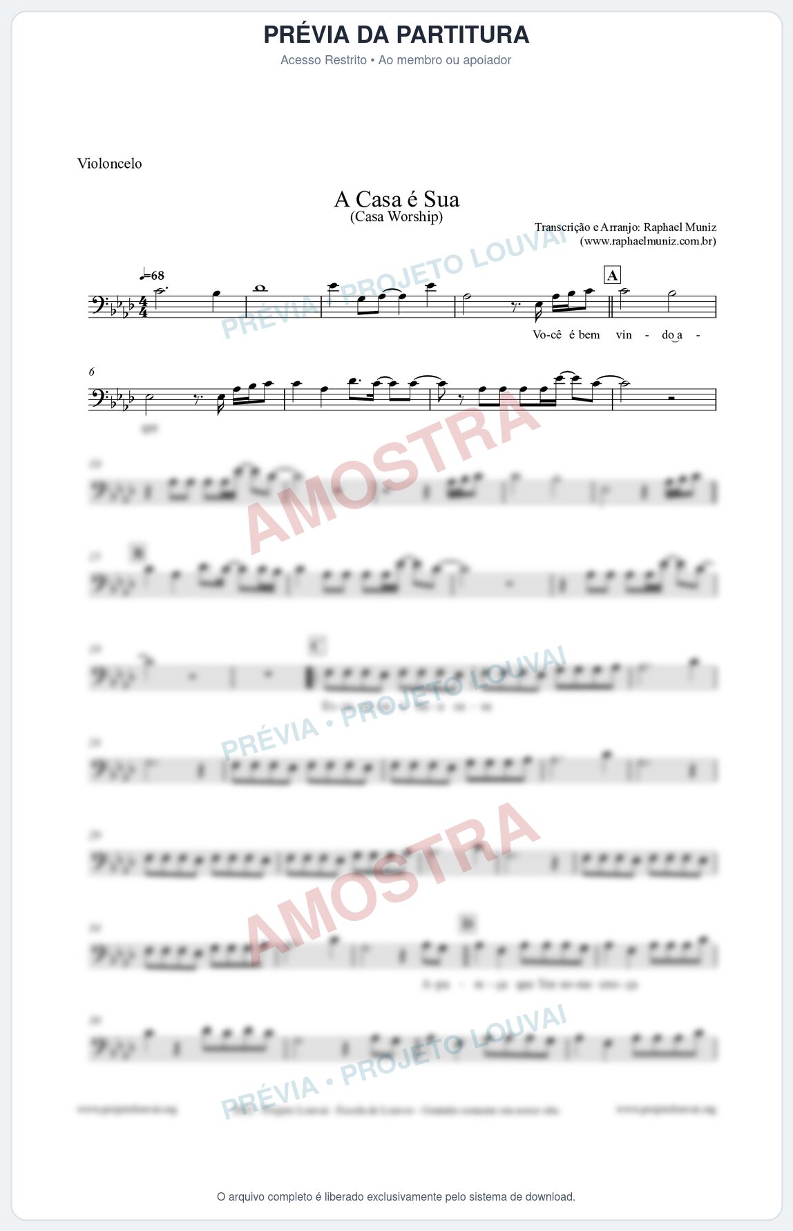 Prévia protegida da primeira página da partitura Partitura para Violoncelo - A Casa é Sua - Casa Worship