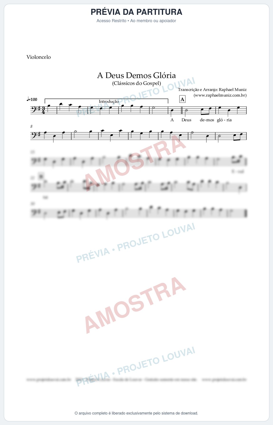Prévia protegida da primeira página da partitura Partitura para Violoncelo - A Deus demos Glória - Clássicos do Gospel