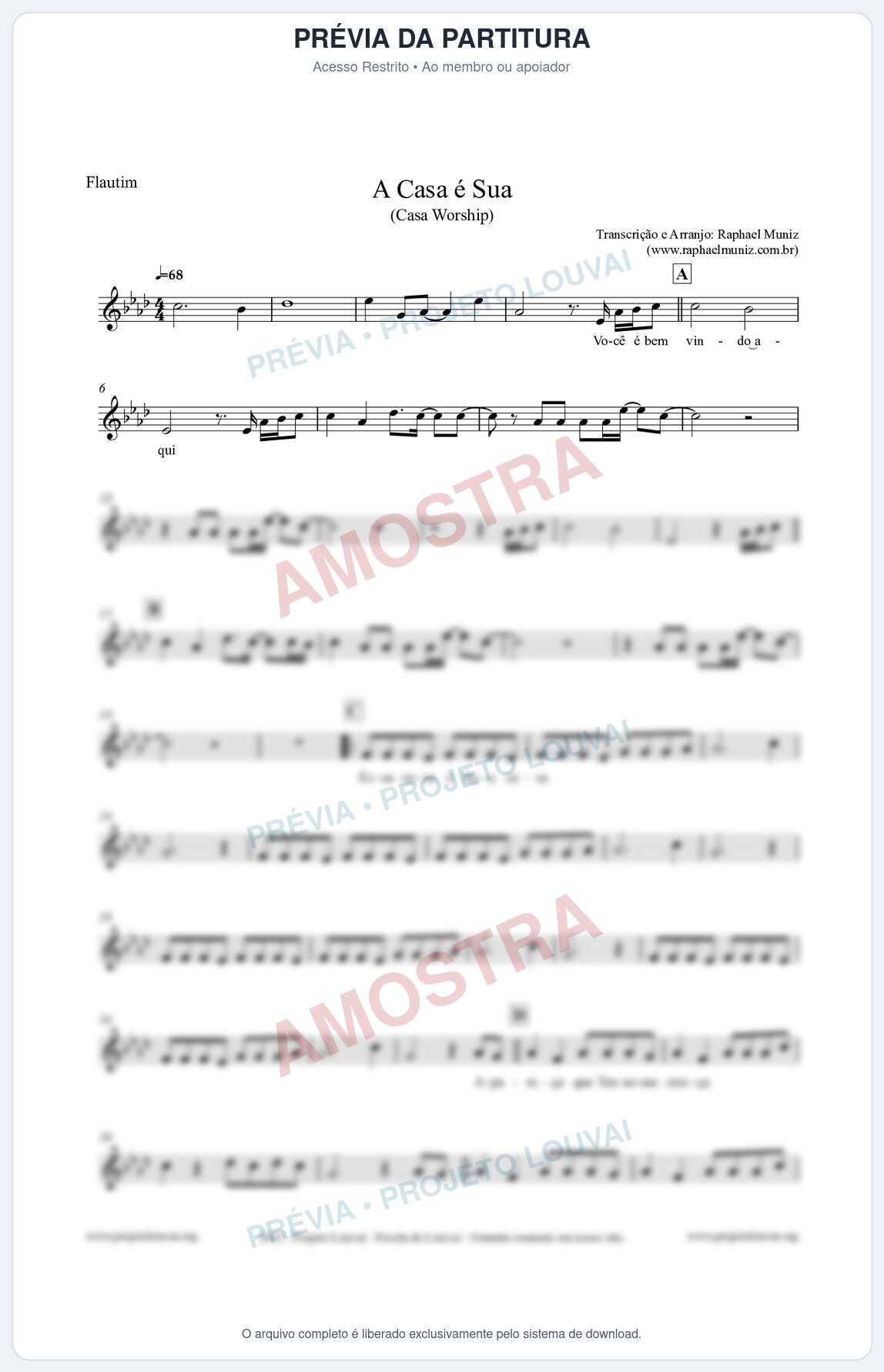 Prévia protegida da primeira página da partitura Partitura para Flautim - A Casa é Sua - Casa Worship