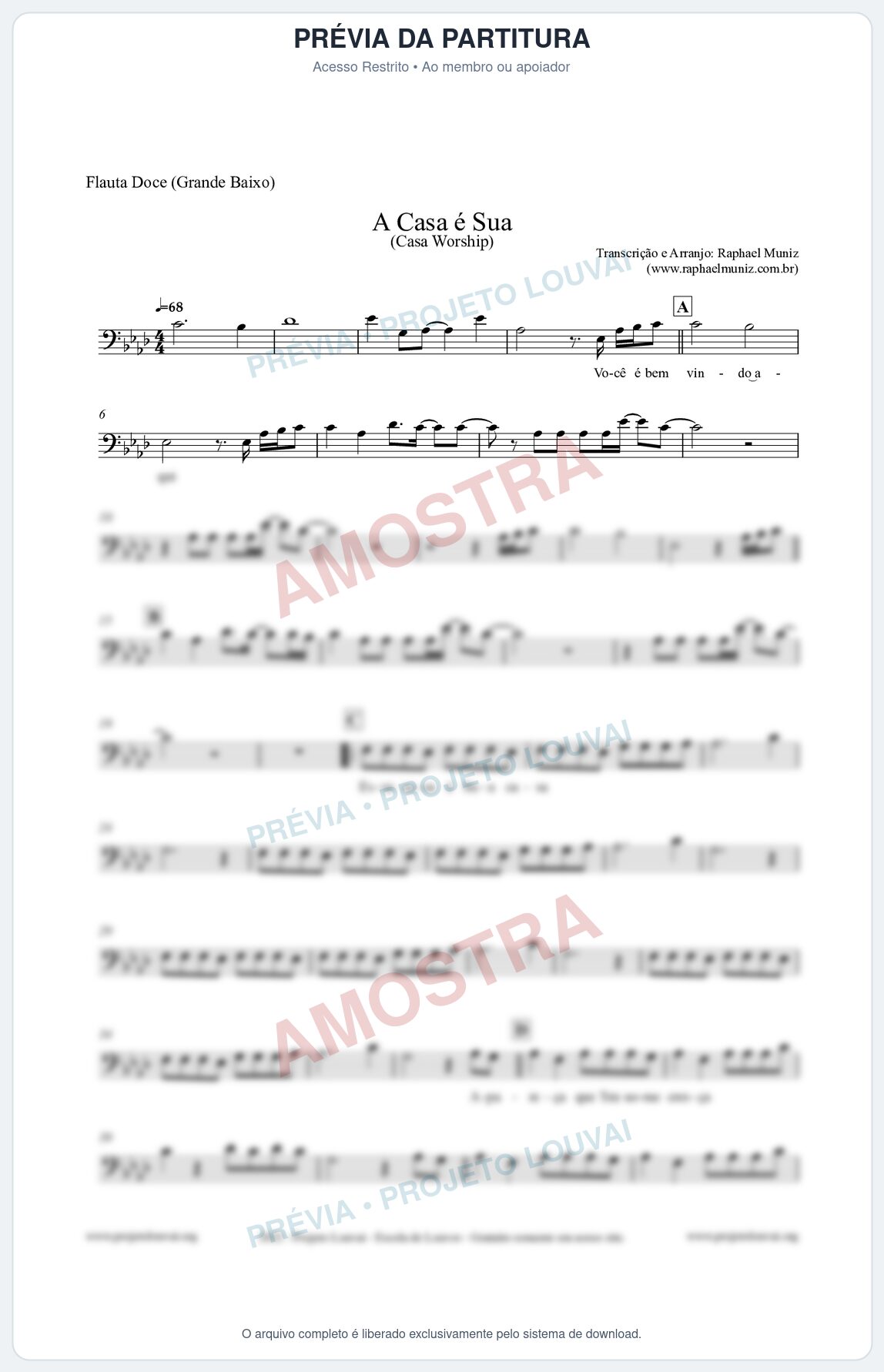 Prévia protegida da primeira página da partitura Partitura para Flauta Doce (Grande Baixo) - A Casa é Sua - Casa Worship