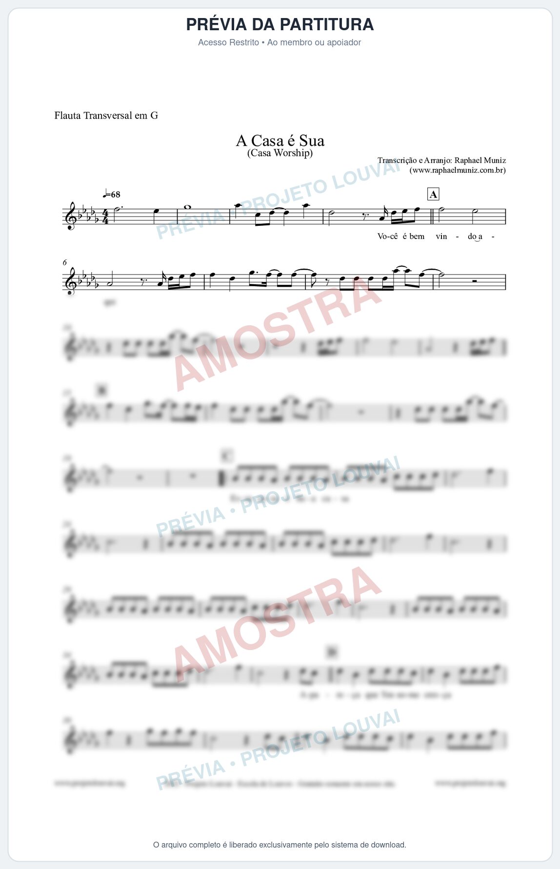 Prévia protegida da primeira página da partitura Partitura para Flauta Transversal em G - A Casa é Sua - Casa Worship