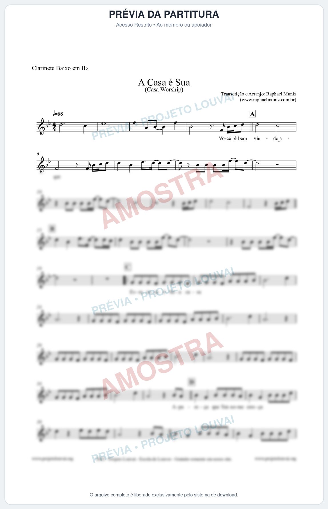 Prévia protegida da primeira página da partitura Partitura para Clarinete Baixo em Bb - A Casa é Sua - Casa Worship