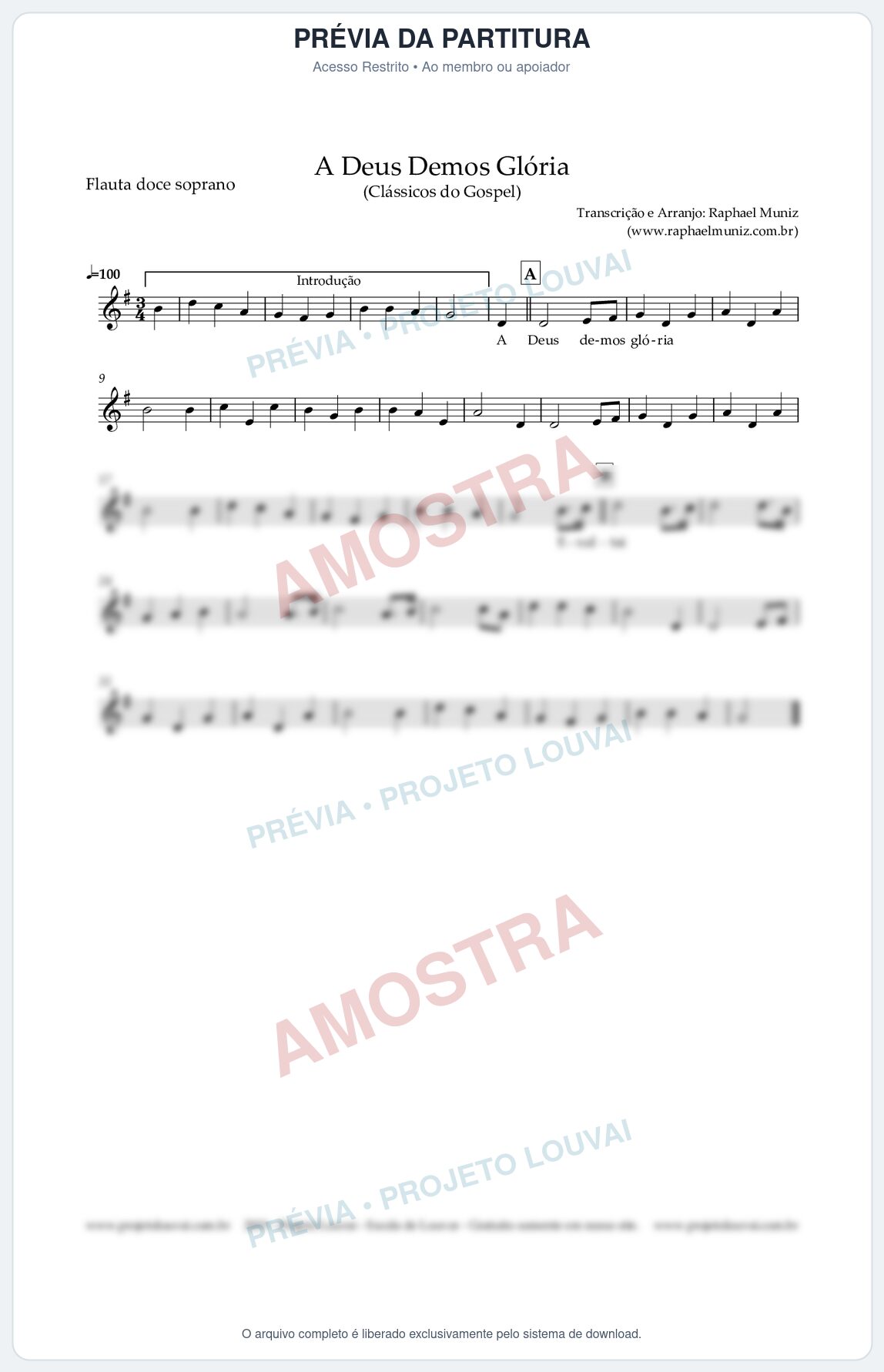 Prévia protegida da primeira página da partitura Partitura para Flauta Doce (Soprano) - A Deus demos Glória - Clássicos do Gospel