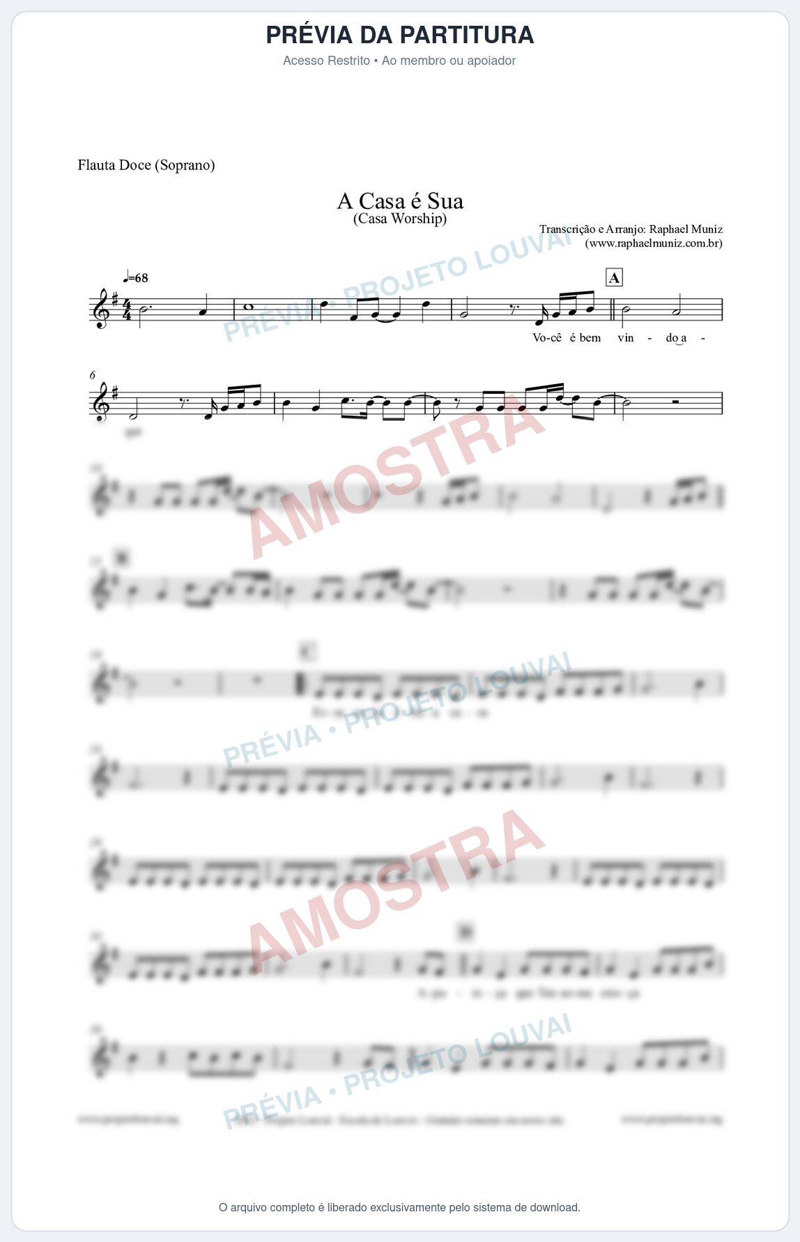 Prévia protegida da primeira página da partitura Partitura para Flauta Doce (Soprano) - A Casa é Sua - Casa Worship