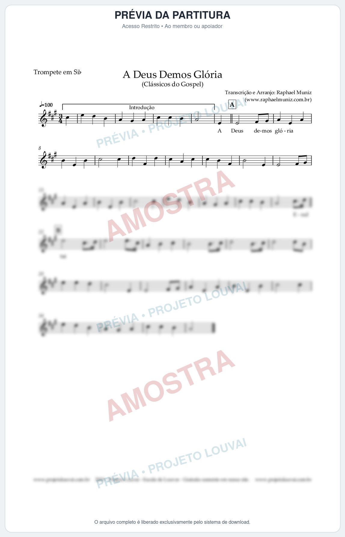 Prévia protegida da primeira página da partitura Partitura para Trompete em Bb - A Deus demos Glória - Clássicos do Gospel