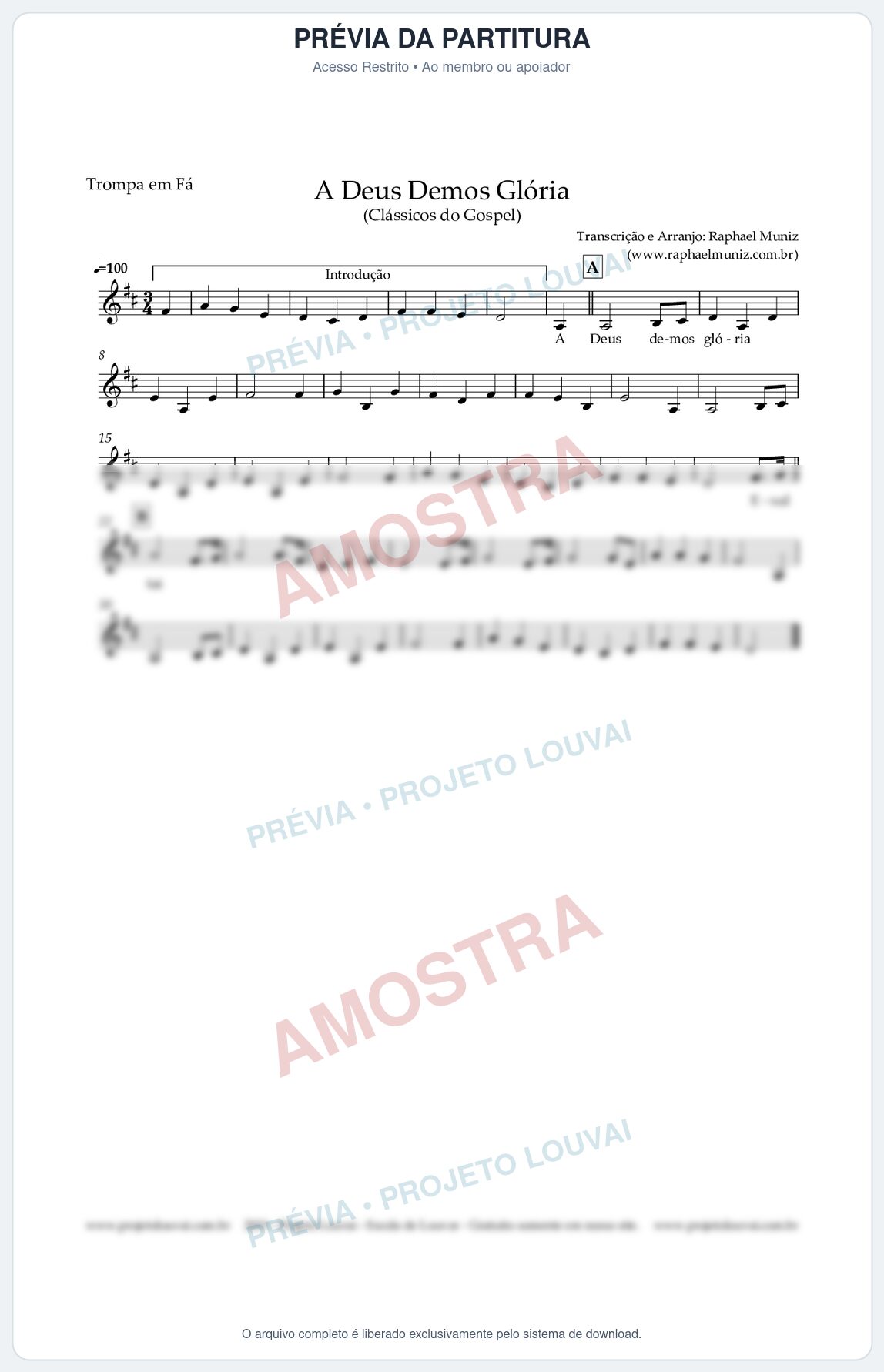 Prévia protegida da primeira página da partitura Partitura para Trompa em Fá - A Deus demos Glória - Clássicos do Gospel