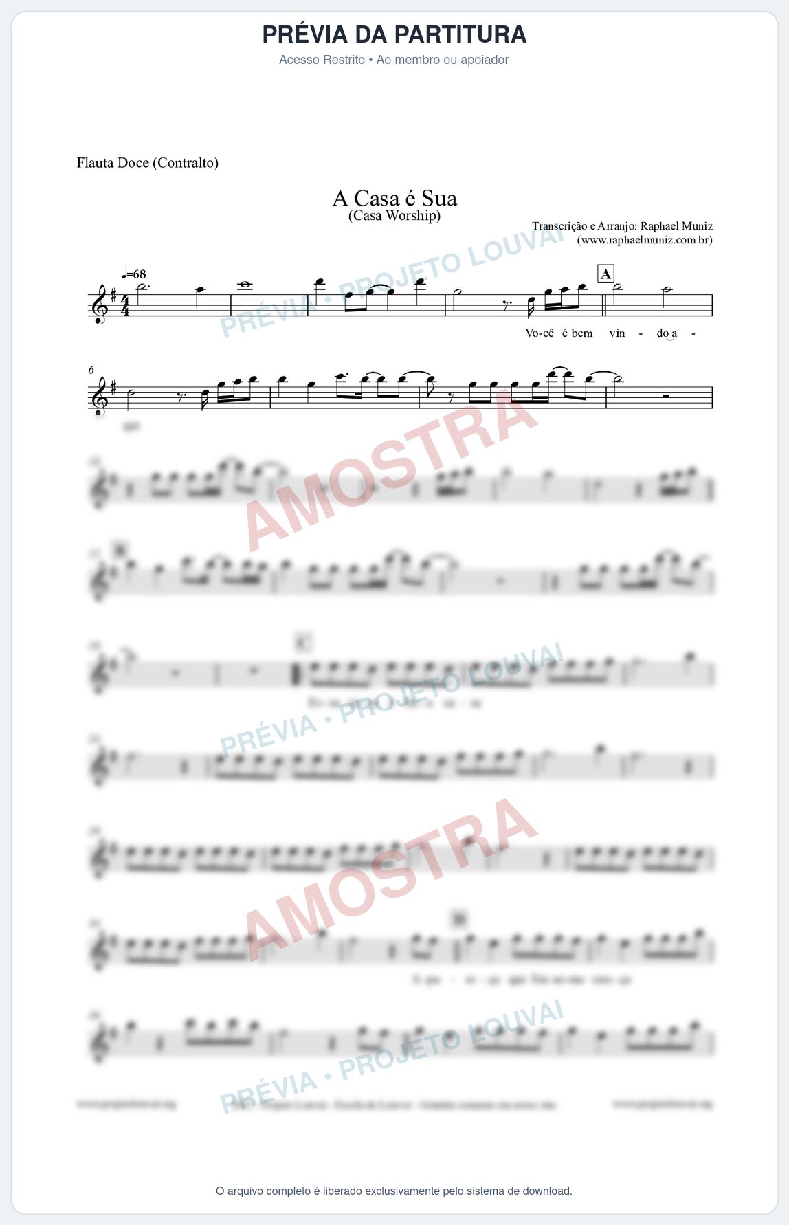 Prévia protegida da primeira página da partitura Partitura para Flauta Doce (Contralto) - A Casa é Sua - Casa Worship