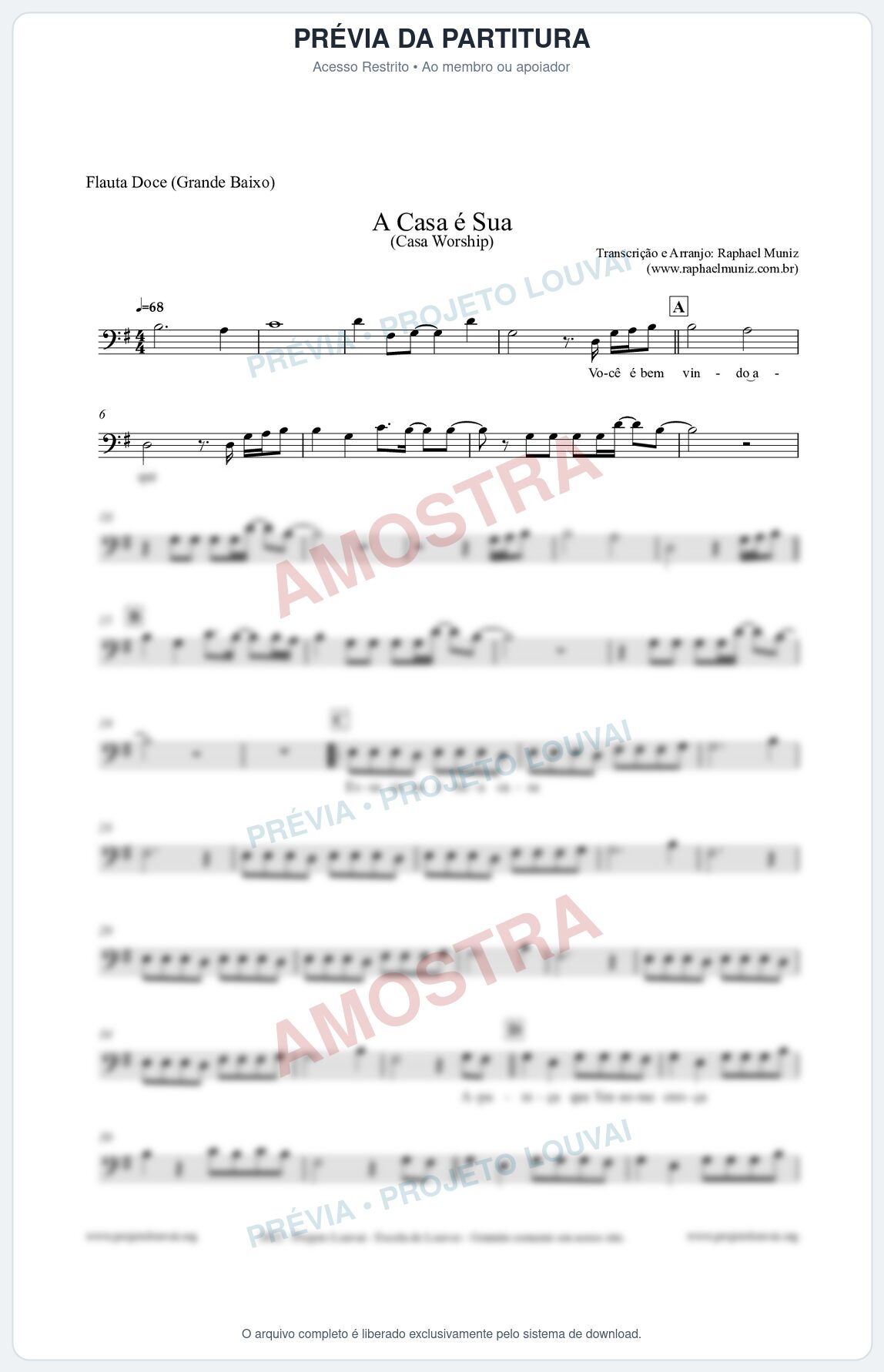 Prévia protegida da primeira página da partitura Partitura para Flauta Doce (Grande Baixo) - A Casa é Sua - Casa Worship